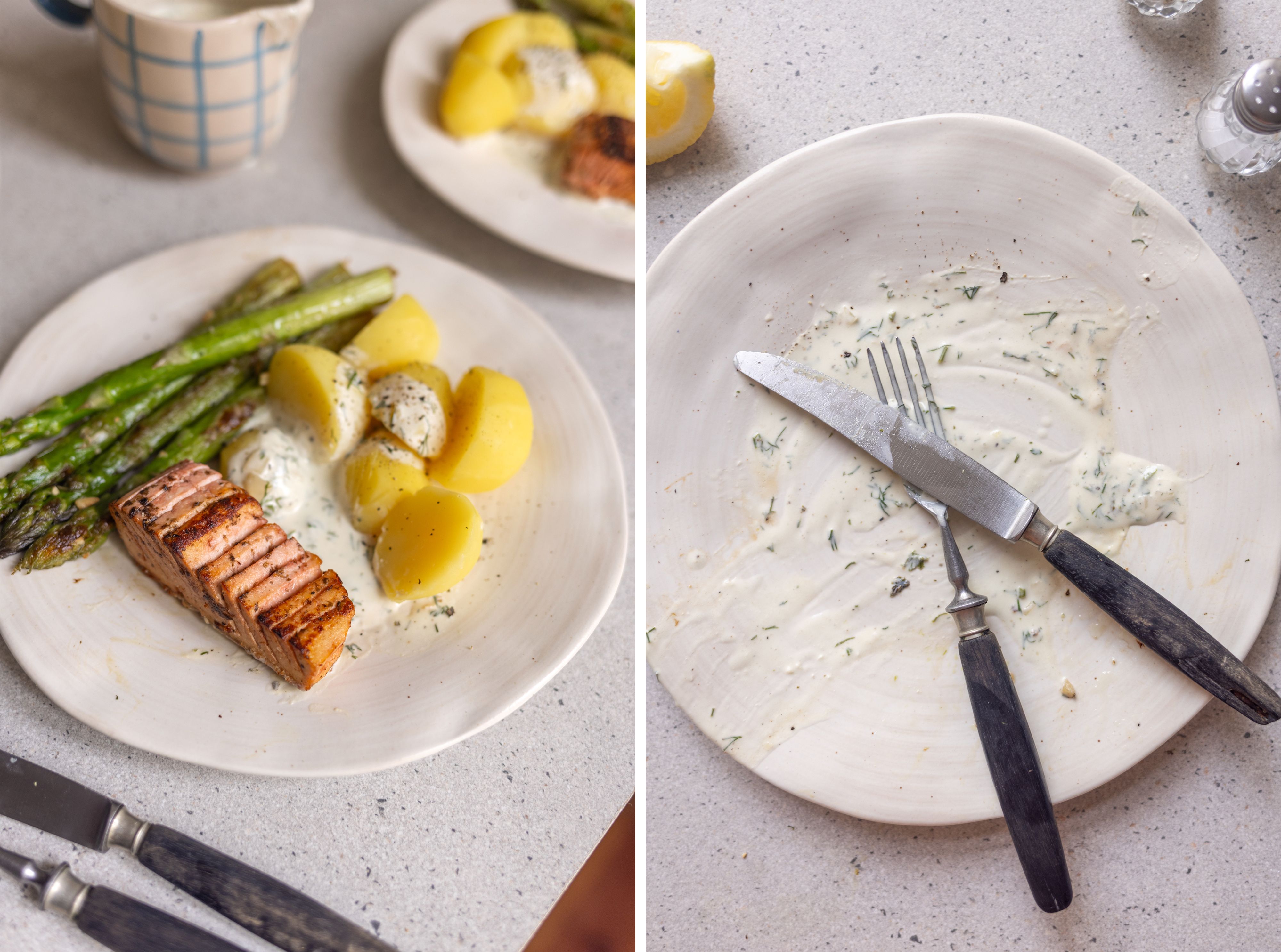 R1056 Veganer Tofu-Lachs mit gebratenem Spargel, Kartoffeln und Dill-Sahne-Soße