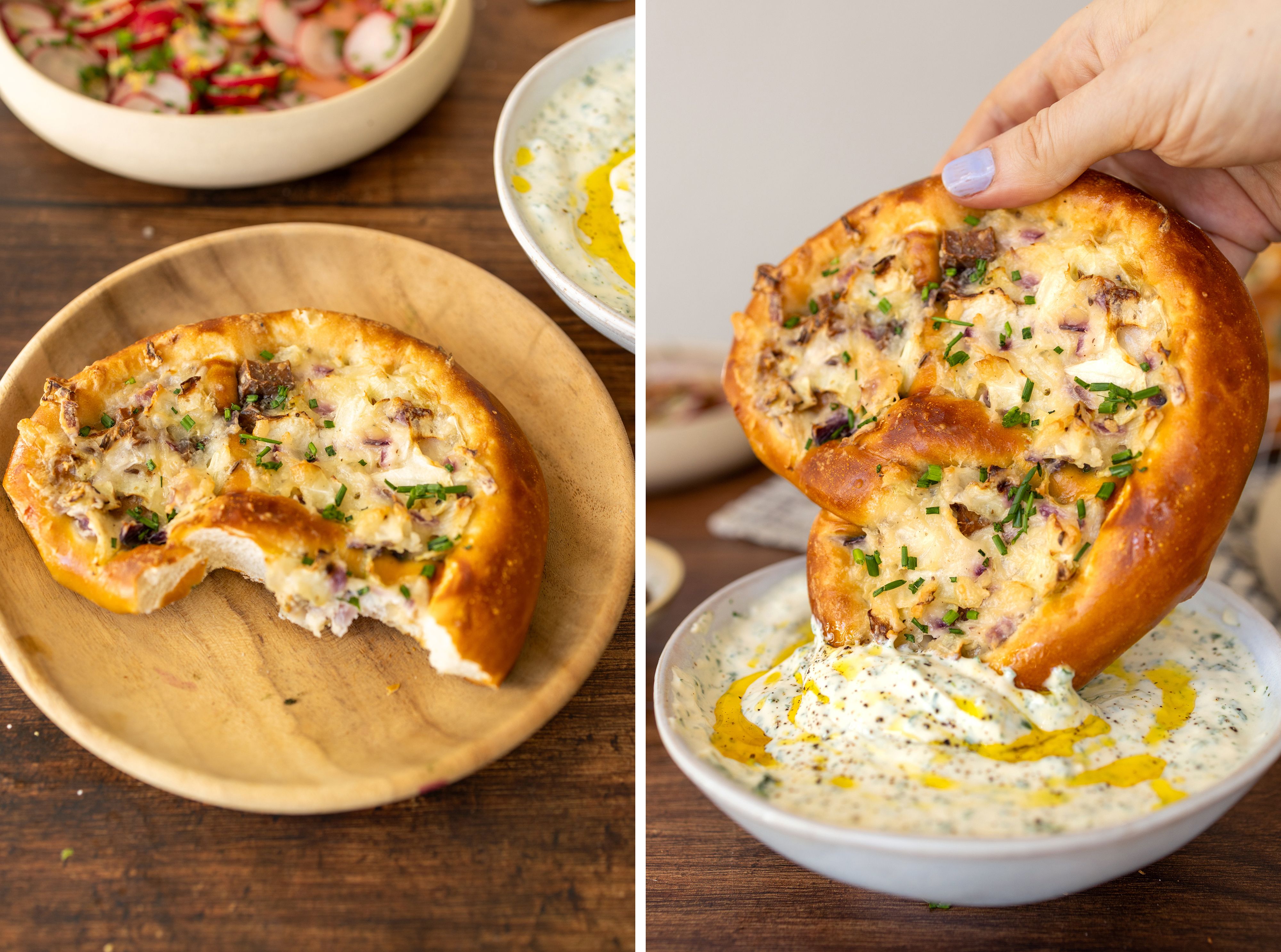 R1040 Gefüllte Kraut-Brezeln mit Kräuterquark-Dip und knackigem Radieschensalat