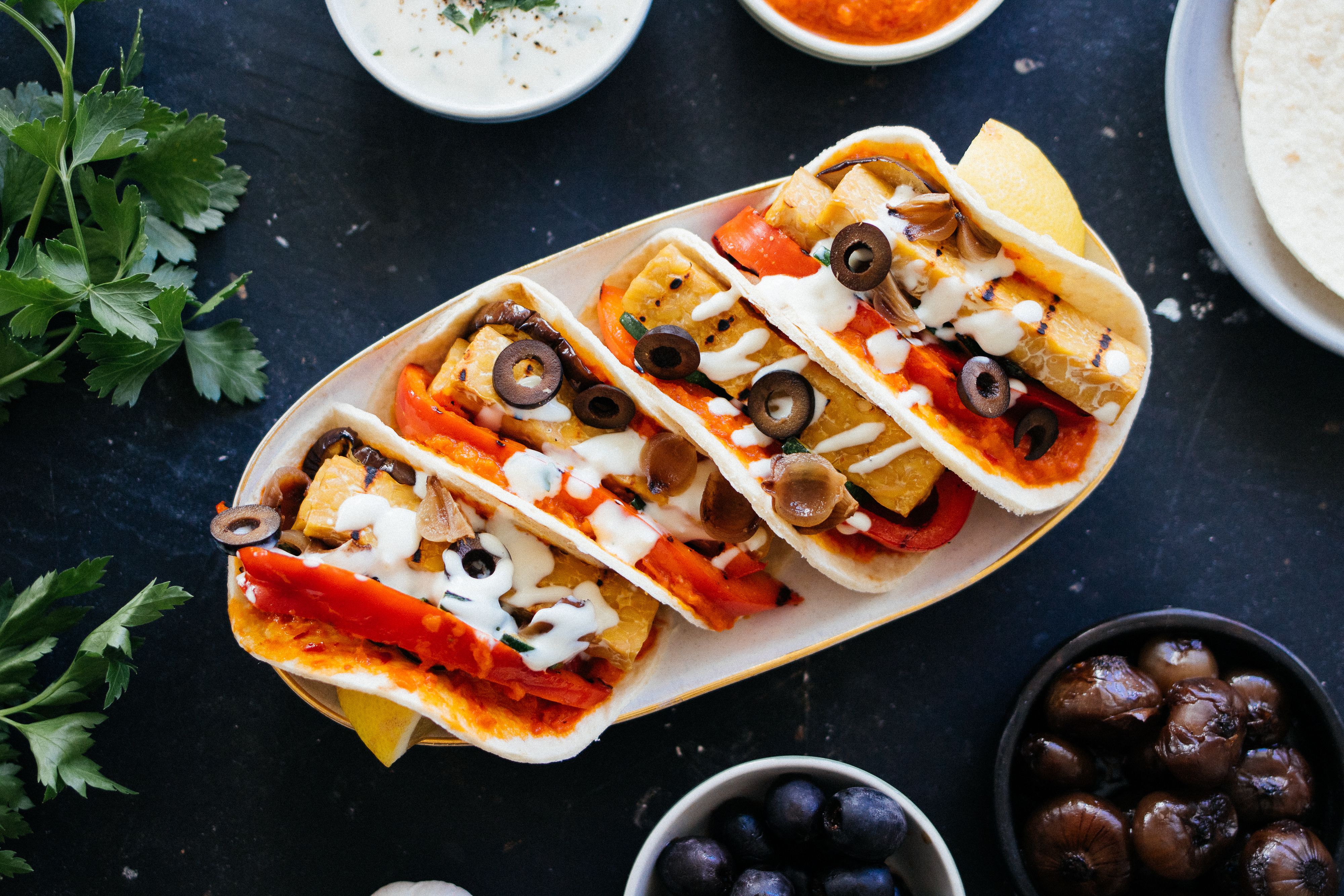 BBQ Tacos with Tempeh & Garlic Dip