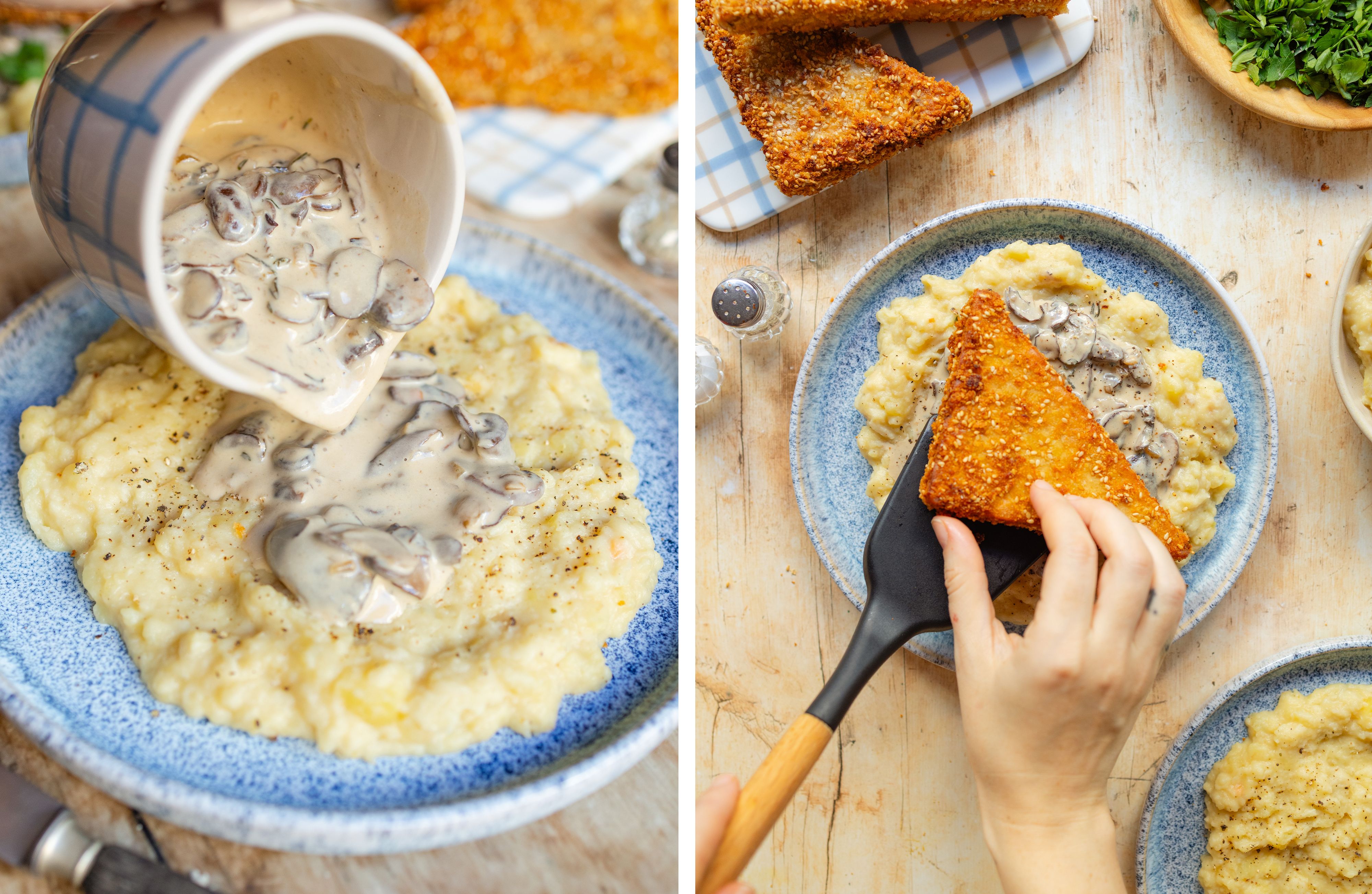 R993 Knusprige Tempehschnitzel mit Kartoffel-Pastinaken-Püree und Pilzsoße