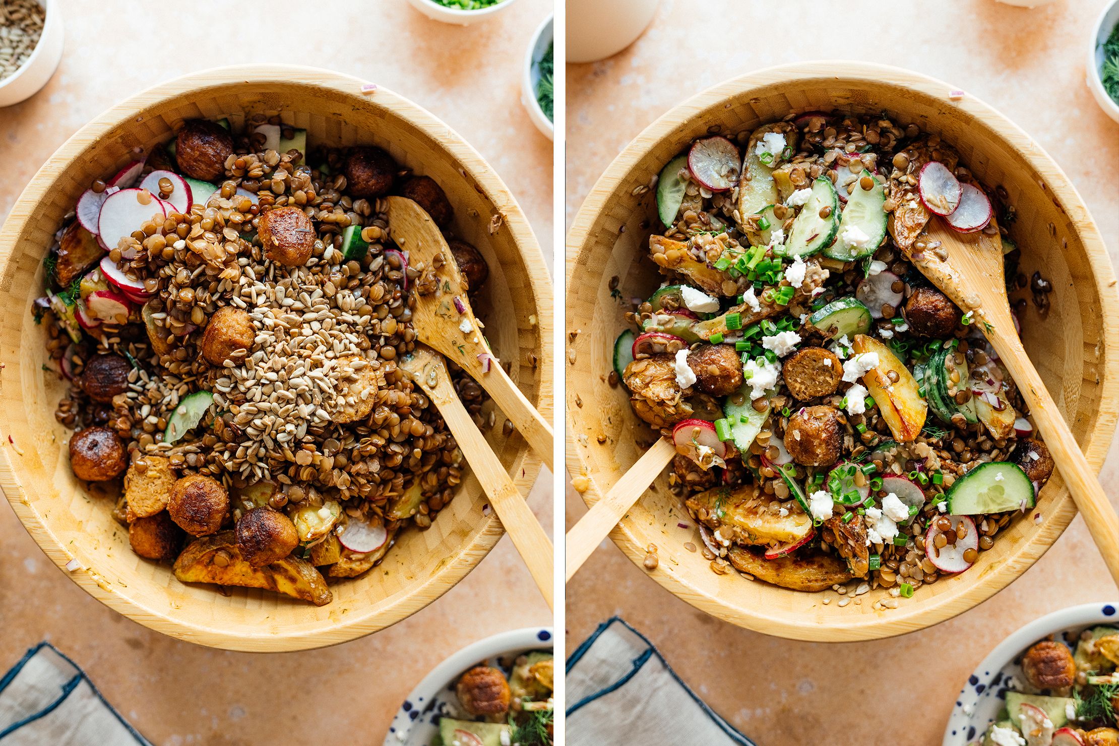 R897 Veganer Kartoffelsalat mit Fleischbällchen & Senf-Dill-Soße