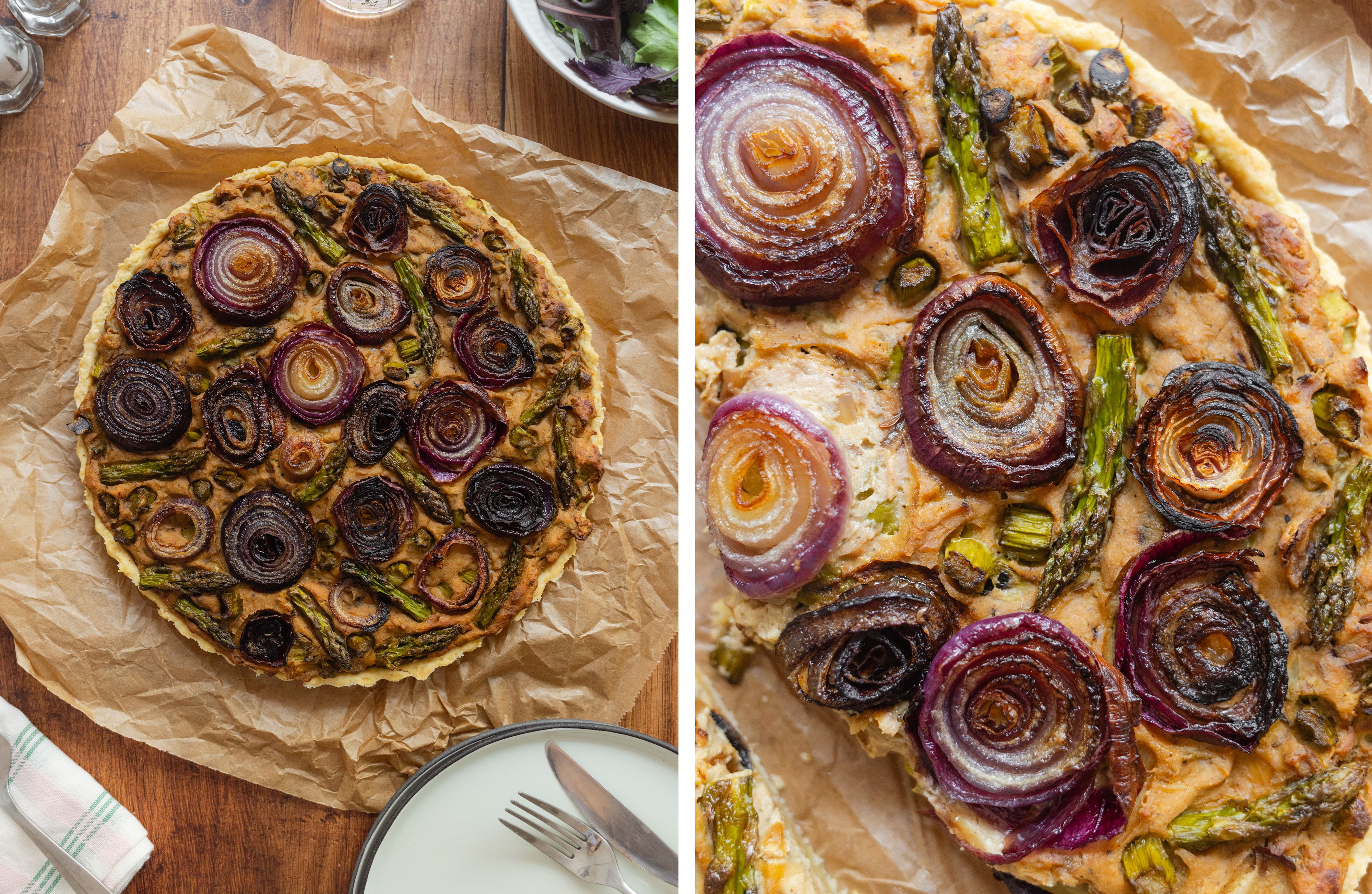 R580 Vegane Zwiebelquiche mit grünem Spargel