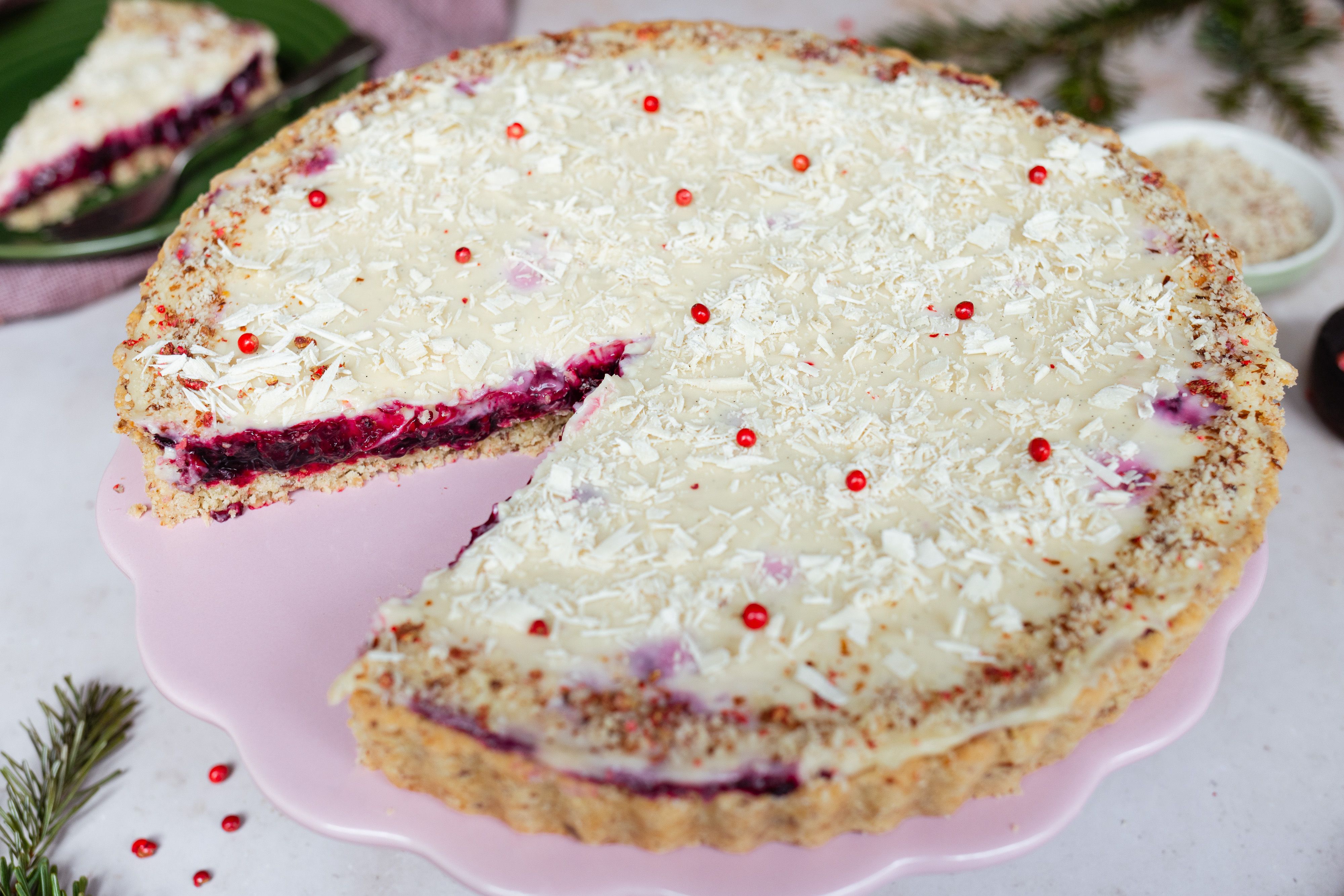 Vegan White Chocolate Tarte with Pink Pepper