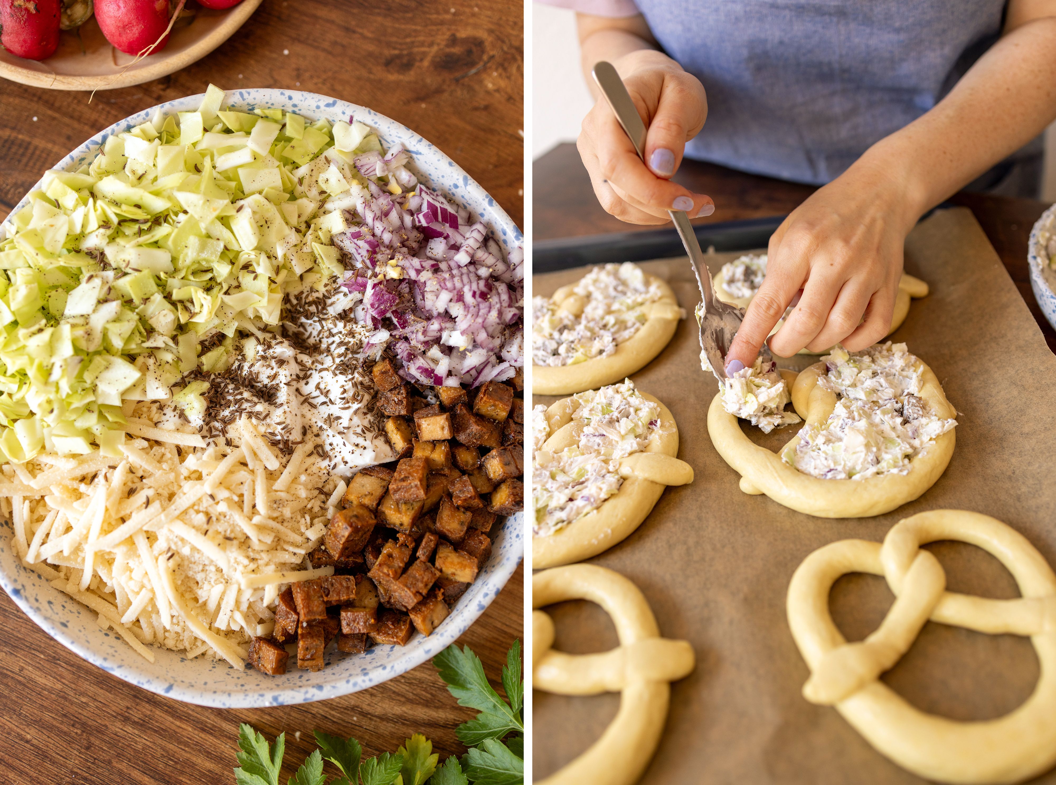 R1040 Stuffed Pretzels with Cabbage, Creamy Herb Dip and Crisp Radish Salad
