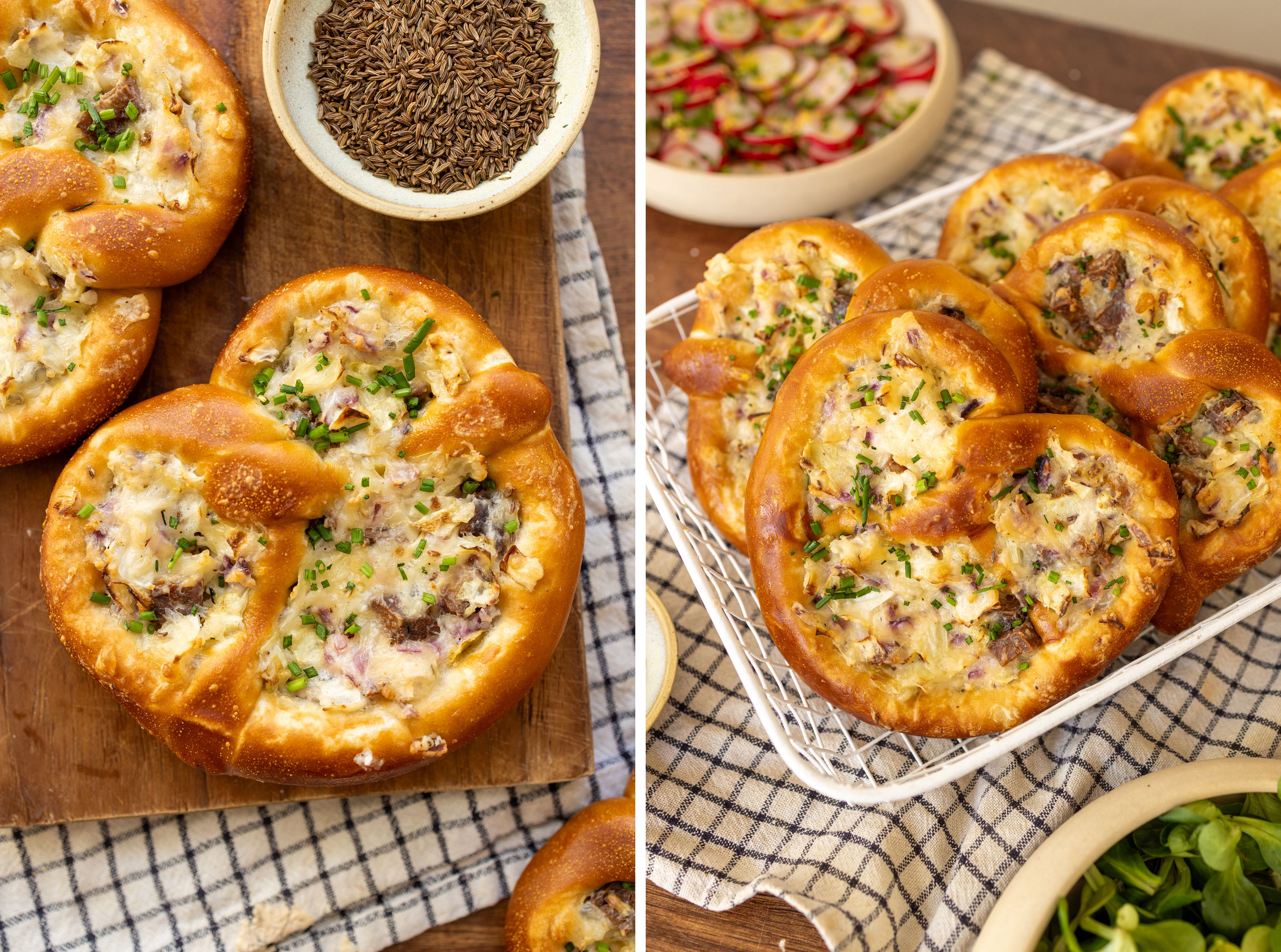 R1040 Stuffed Pretzels with Cabbage, Creamy Herb Dip and Crisp Radish Salad