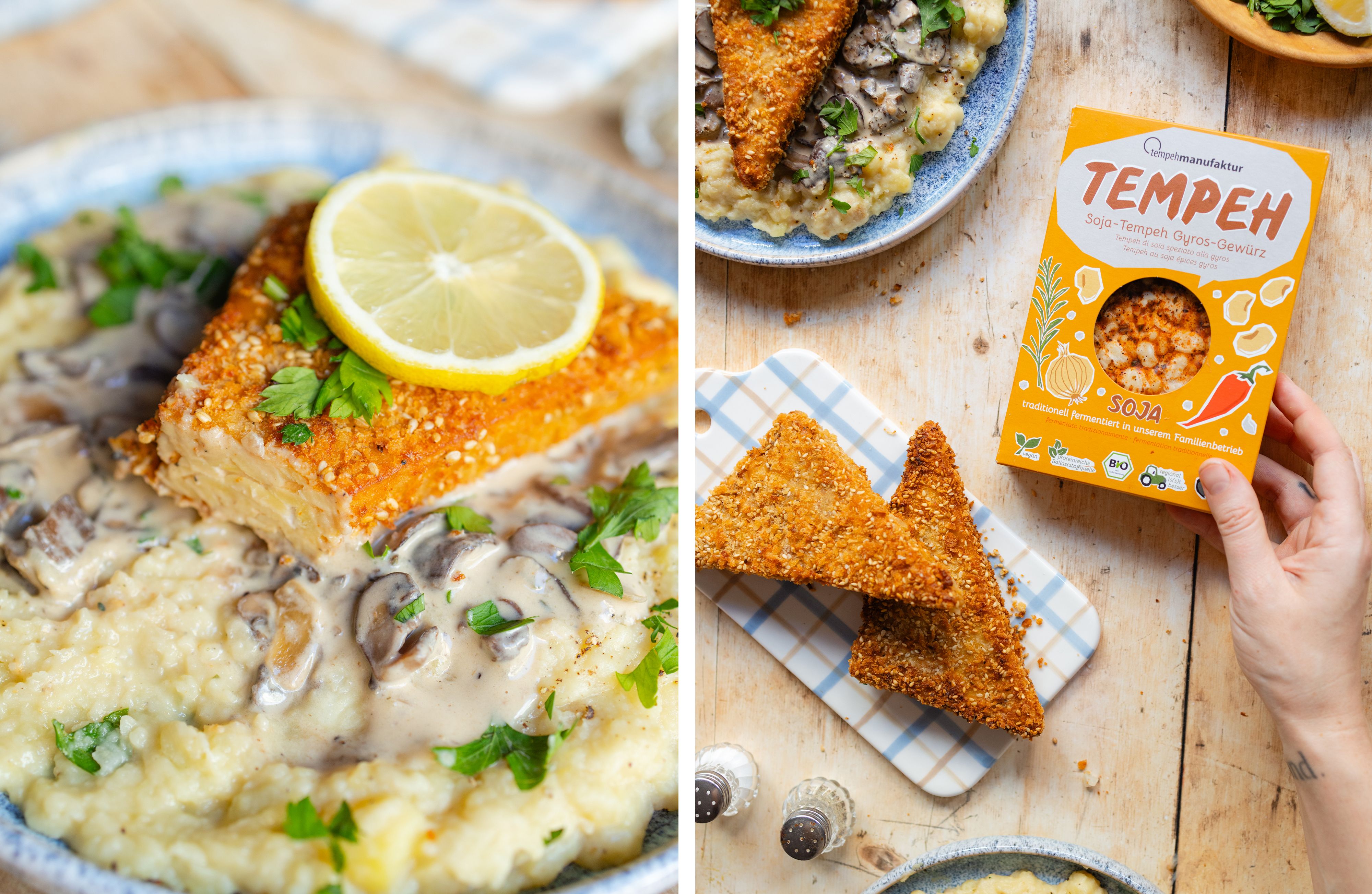 R993 Knusprige Tempehschnitzel mit Kartoffel-Pastinaken-Püree und Pilzsoße