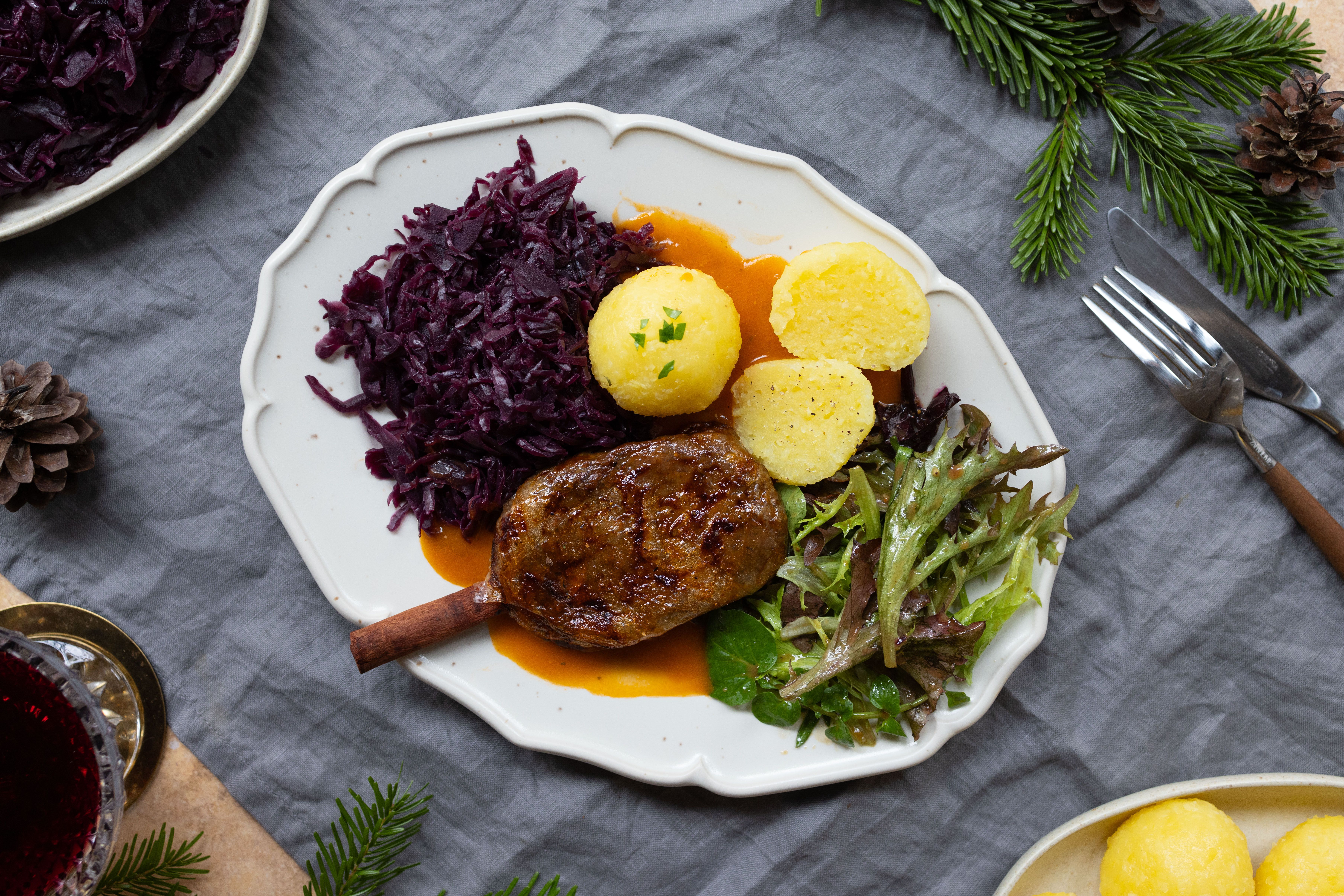 Vegan Duck Legs with Dumplings and Red Cabbage