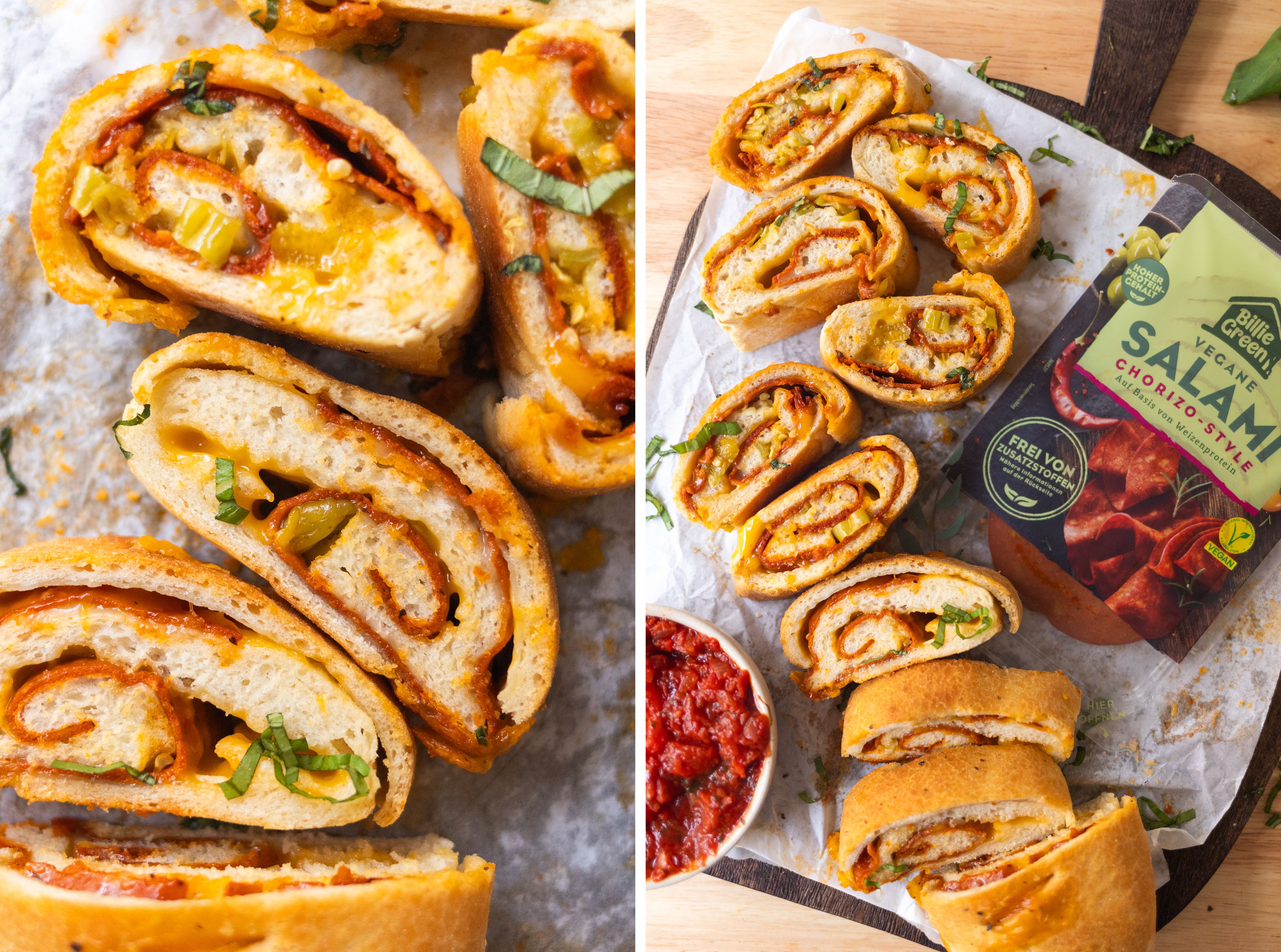 R846 Gefüllte Pizzarolle (aka Stromboli) mit veganer Salami und Pfefferonen