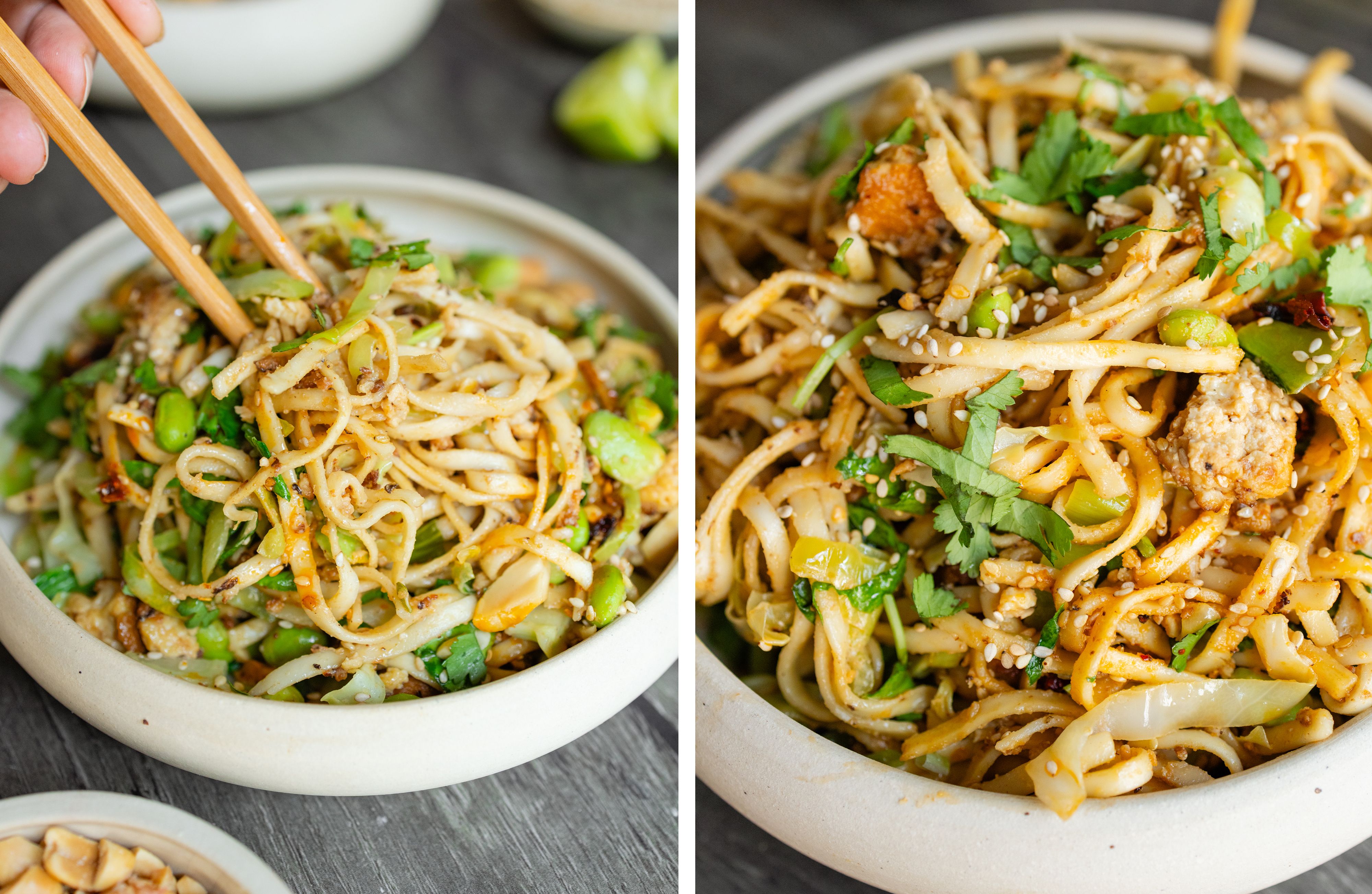 R865 Schnelle gebratene Nudeln mit Gemüse, Tofu und Erdnusssoße