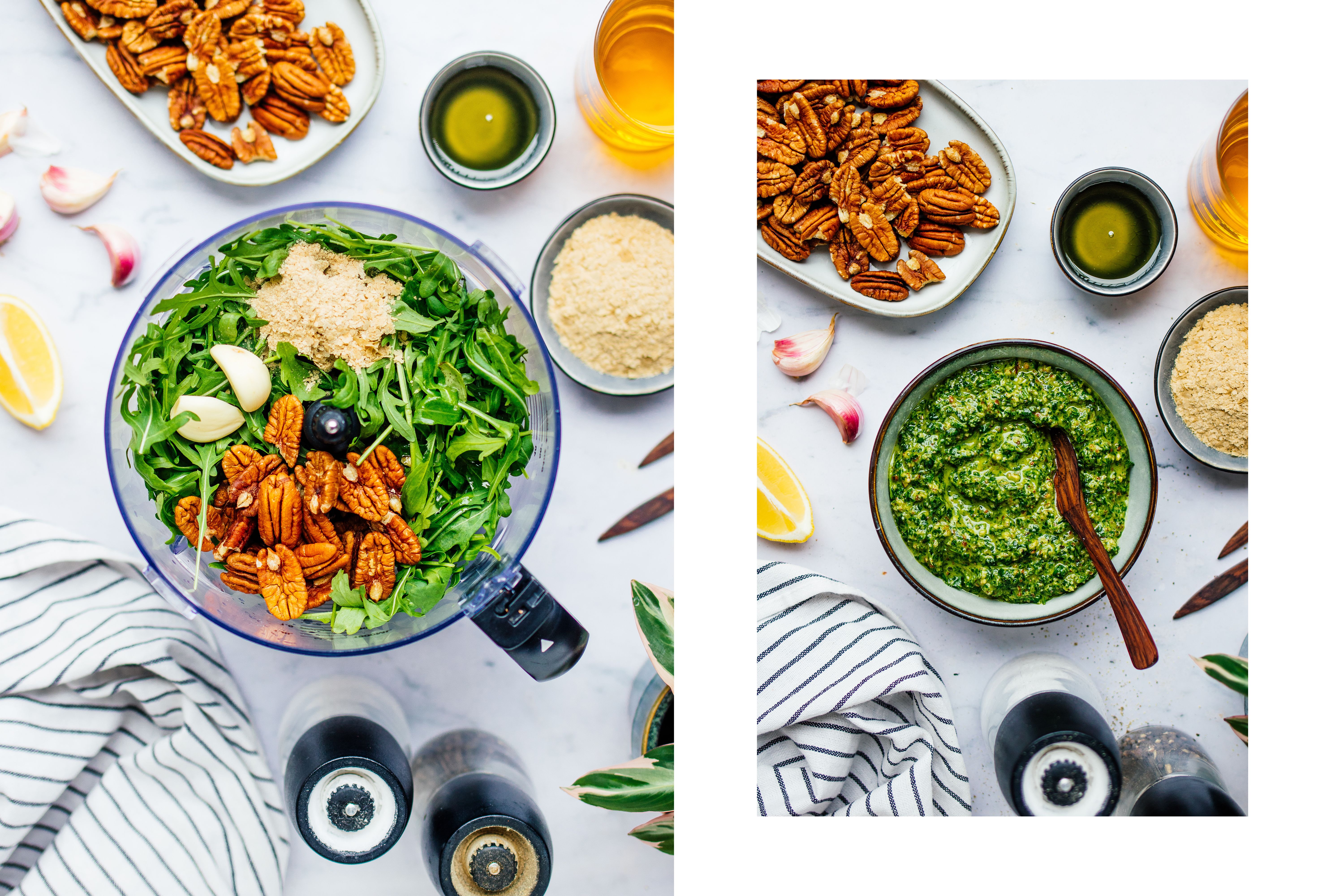 R604 Spaghetti mit Rucola-Pesto, pflanzlichen Bällchen & Pastinake