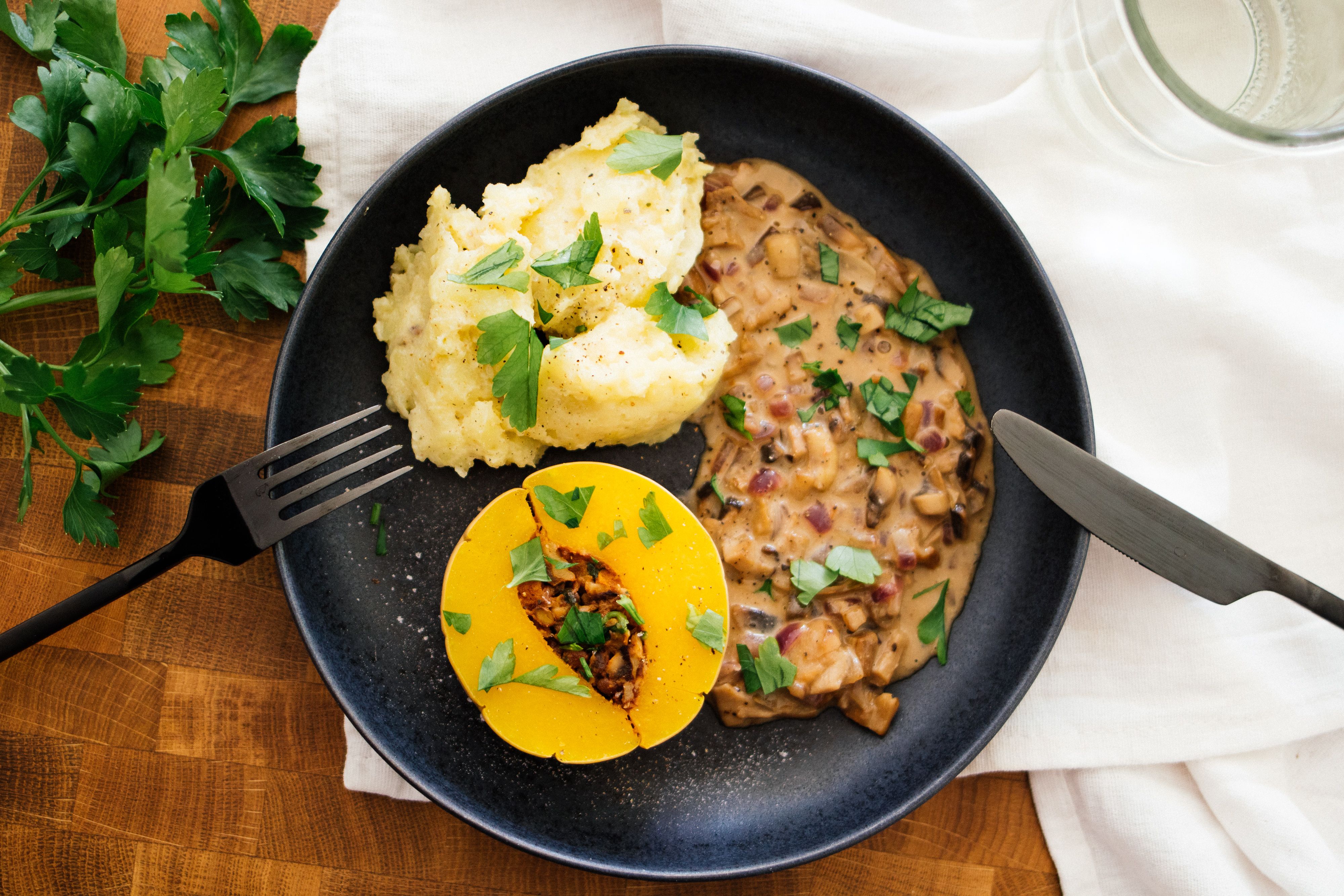 Stuffed Butternut Squash with vegan Cream Sauce & Potato Mash