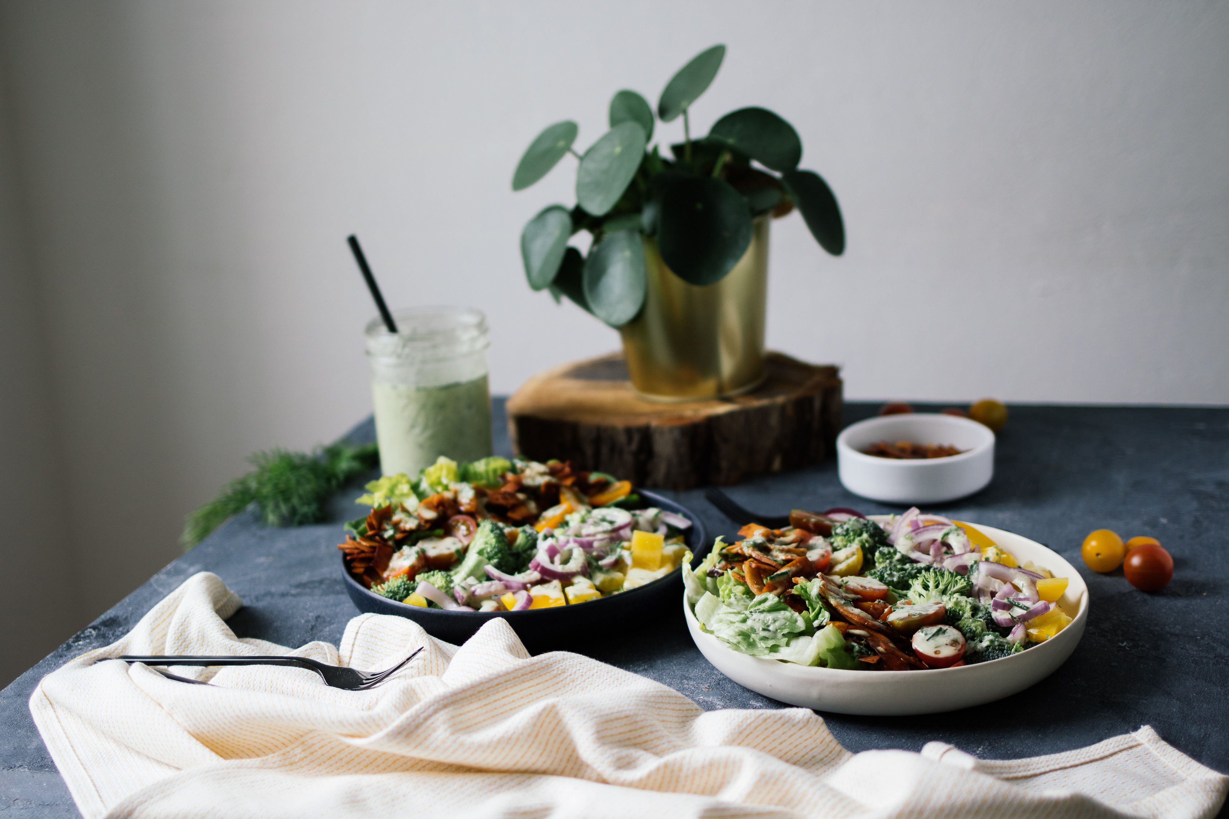 R385 Colorful Salad with coconut bacon & vegan ranch dressing