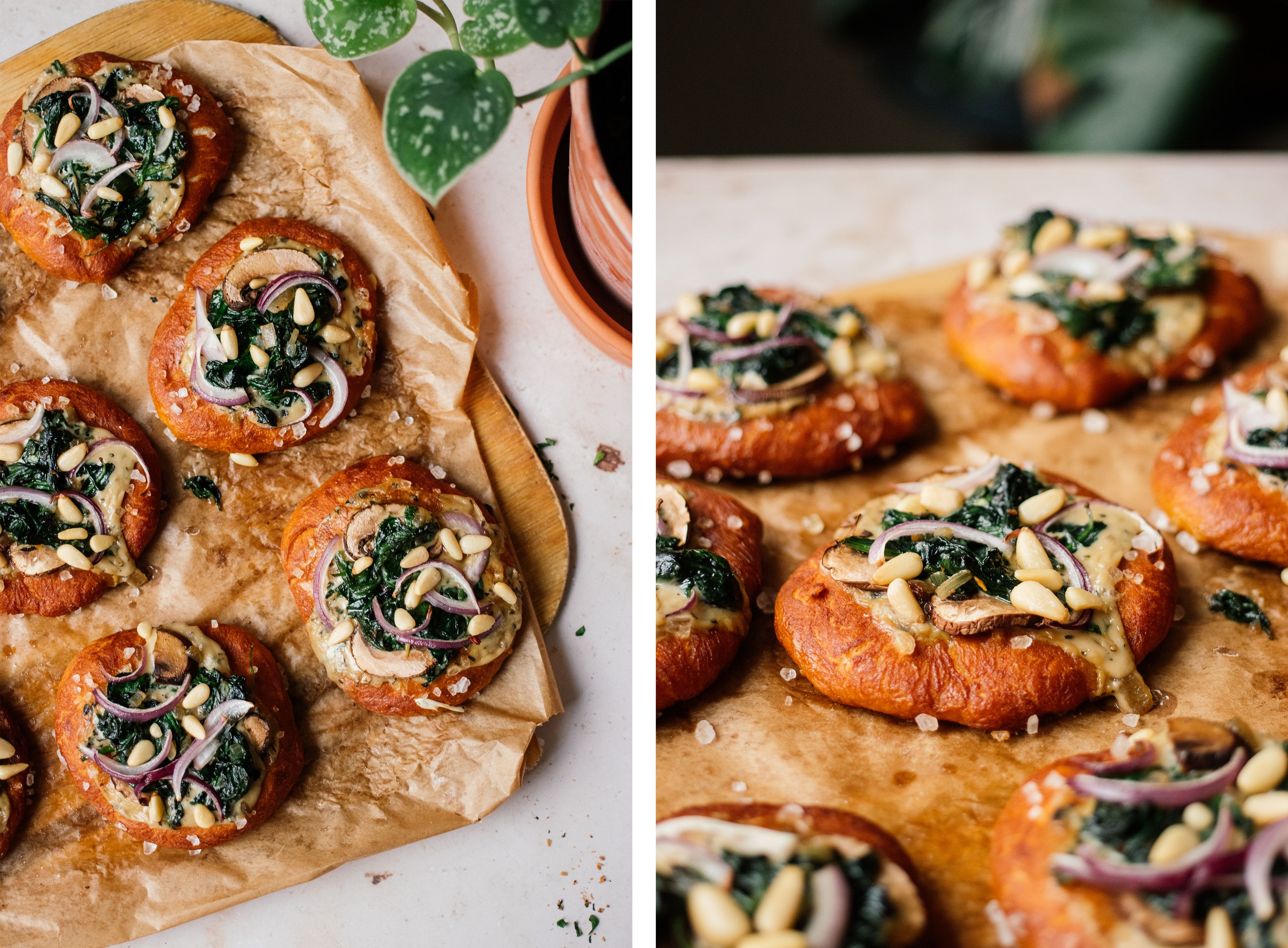 R208 Vegane Brezel-Mini-Pizza mit Spinat