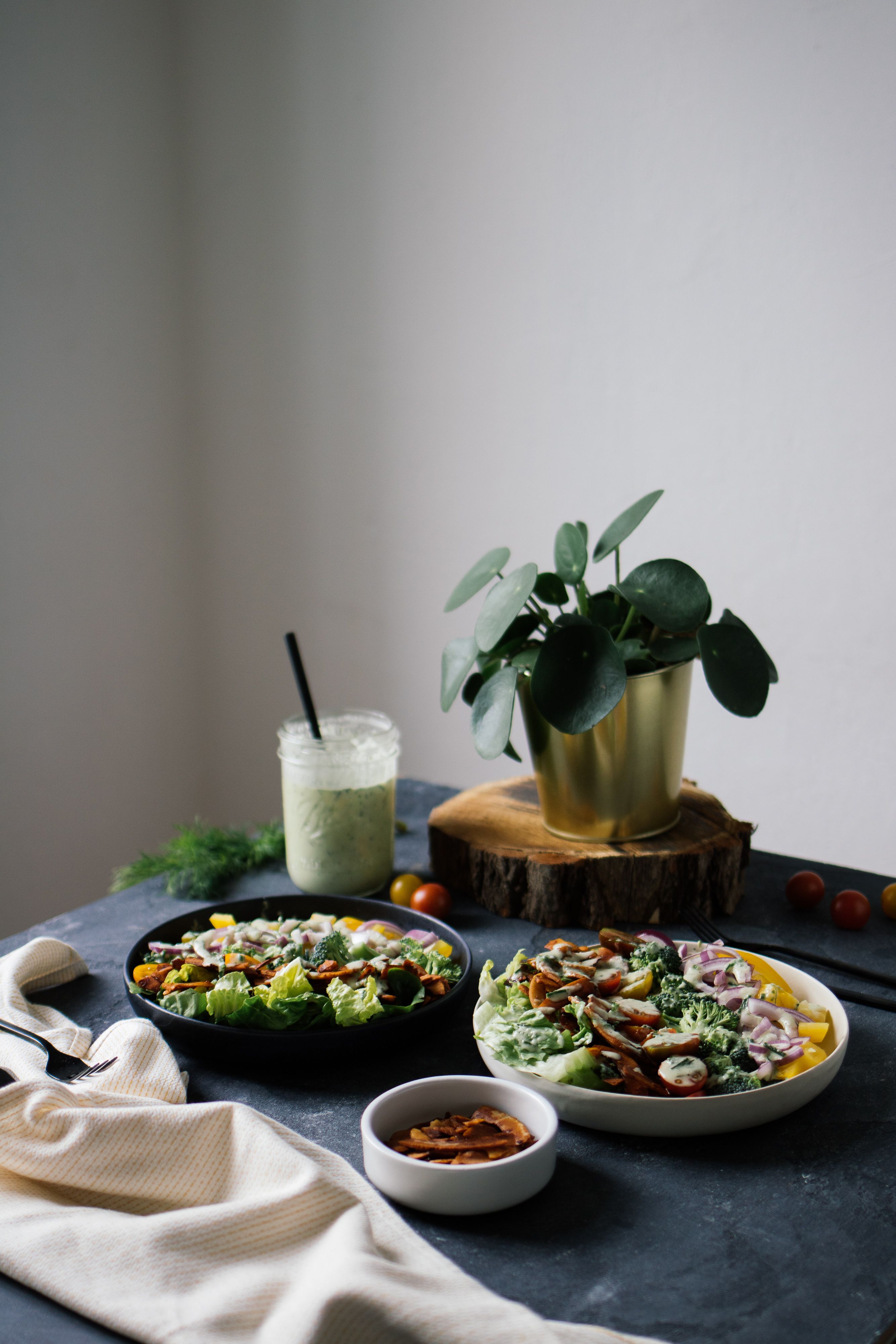 R385 Colorful Salad with coconut bacon & vegan ranch dressing