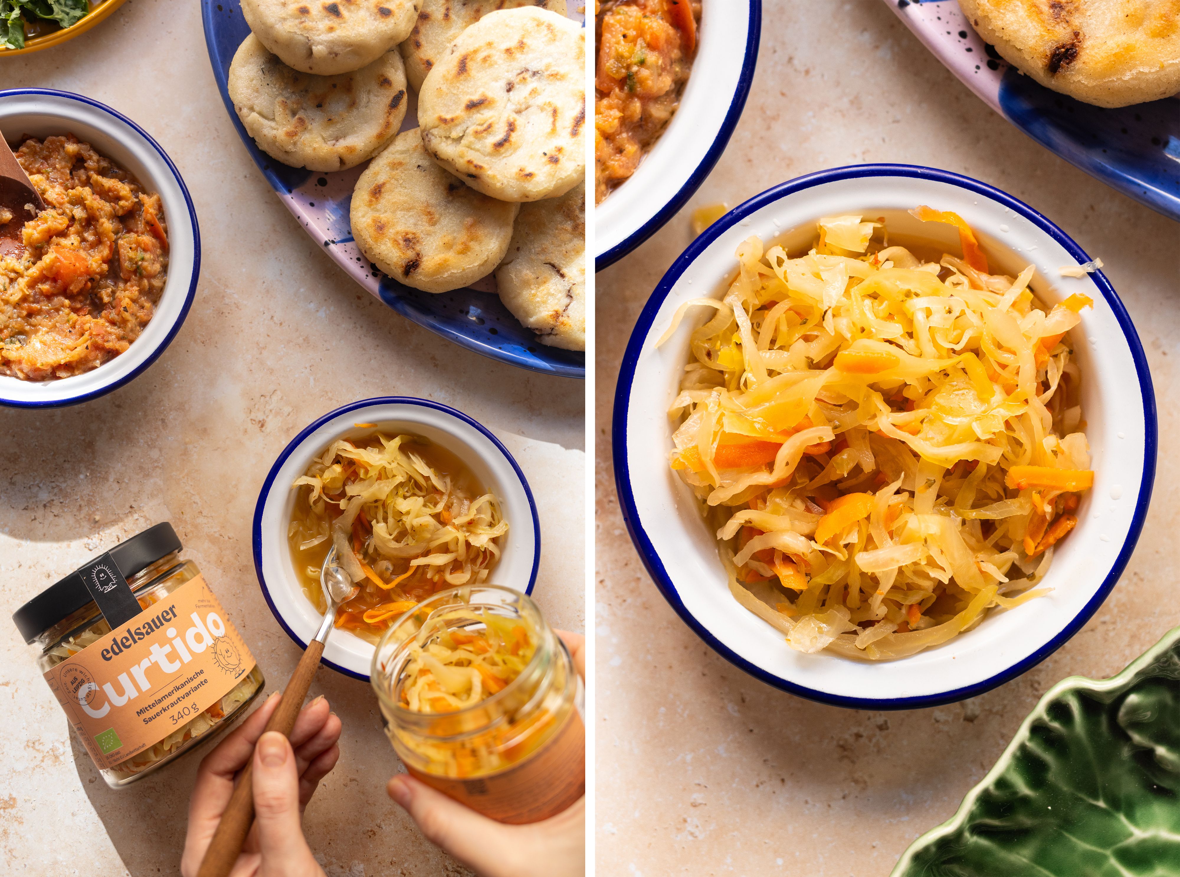 R959 Vegane Pupusas (Gefüllte Maistortillas) mit Bohnen-Käse-Füllung, Salsa Roja und Curtido