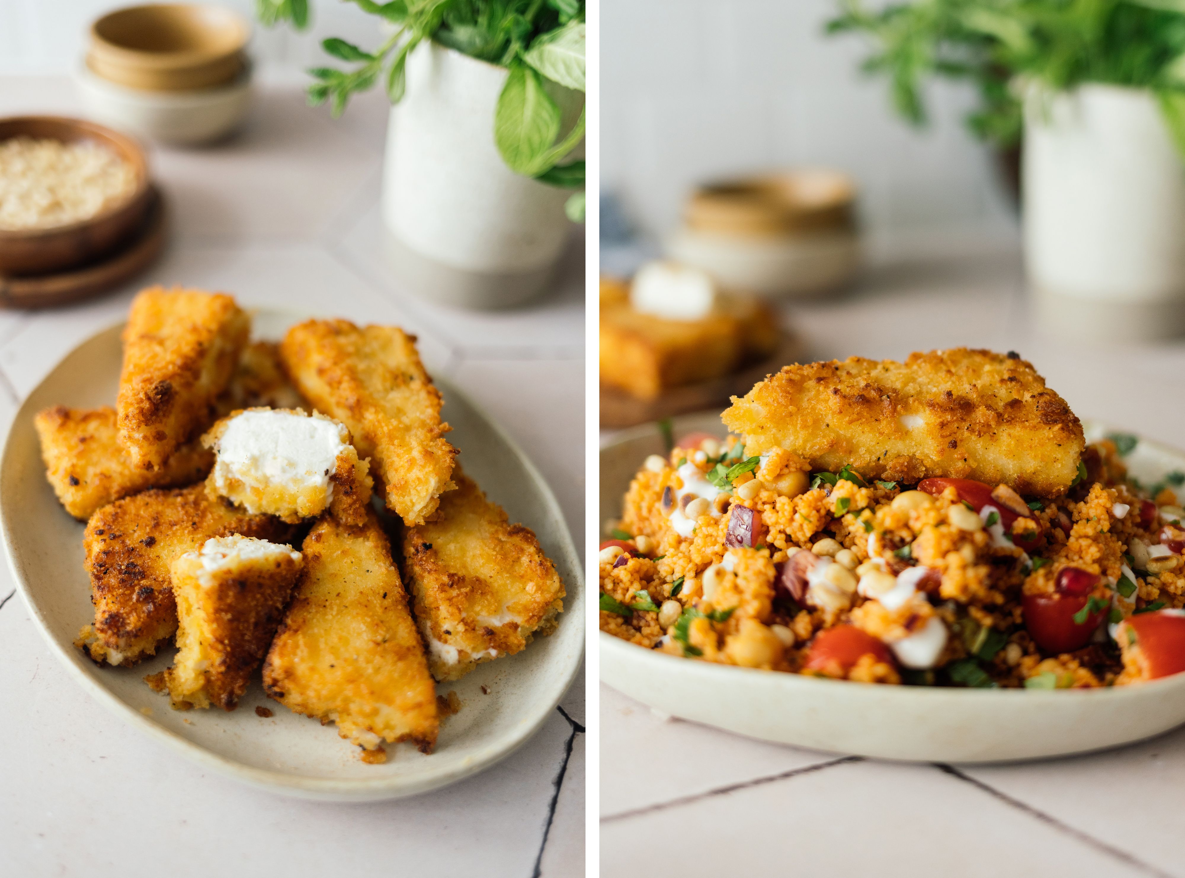 R832 Couscoussalat mit knusprigen veganen Feta-Ecken