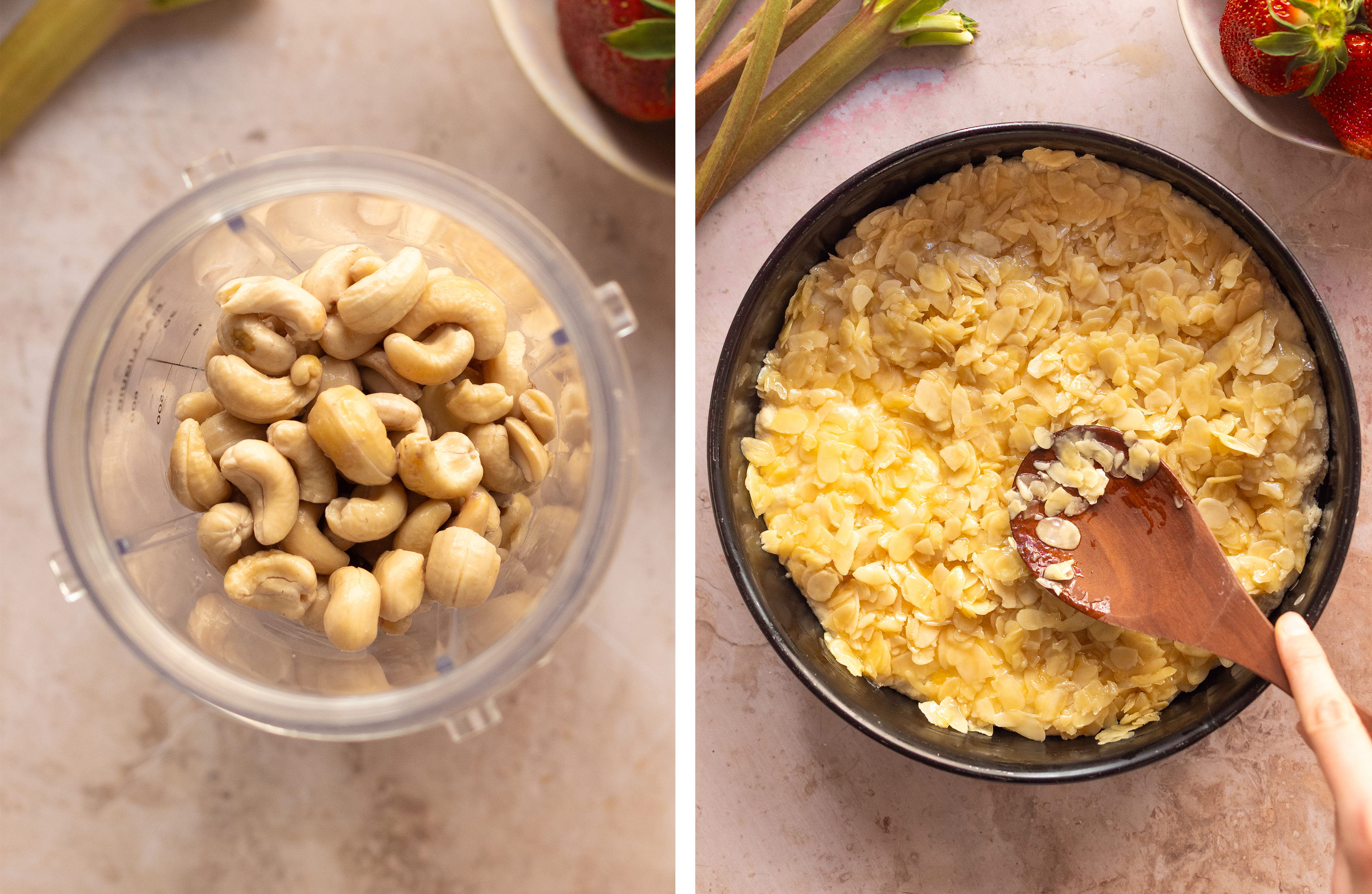 R965 - Bienenstich x Rhabarber - Veganer Bienenstich Käsekuchen mit Rhabarber und Erdbeerkompott