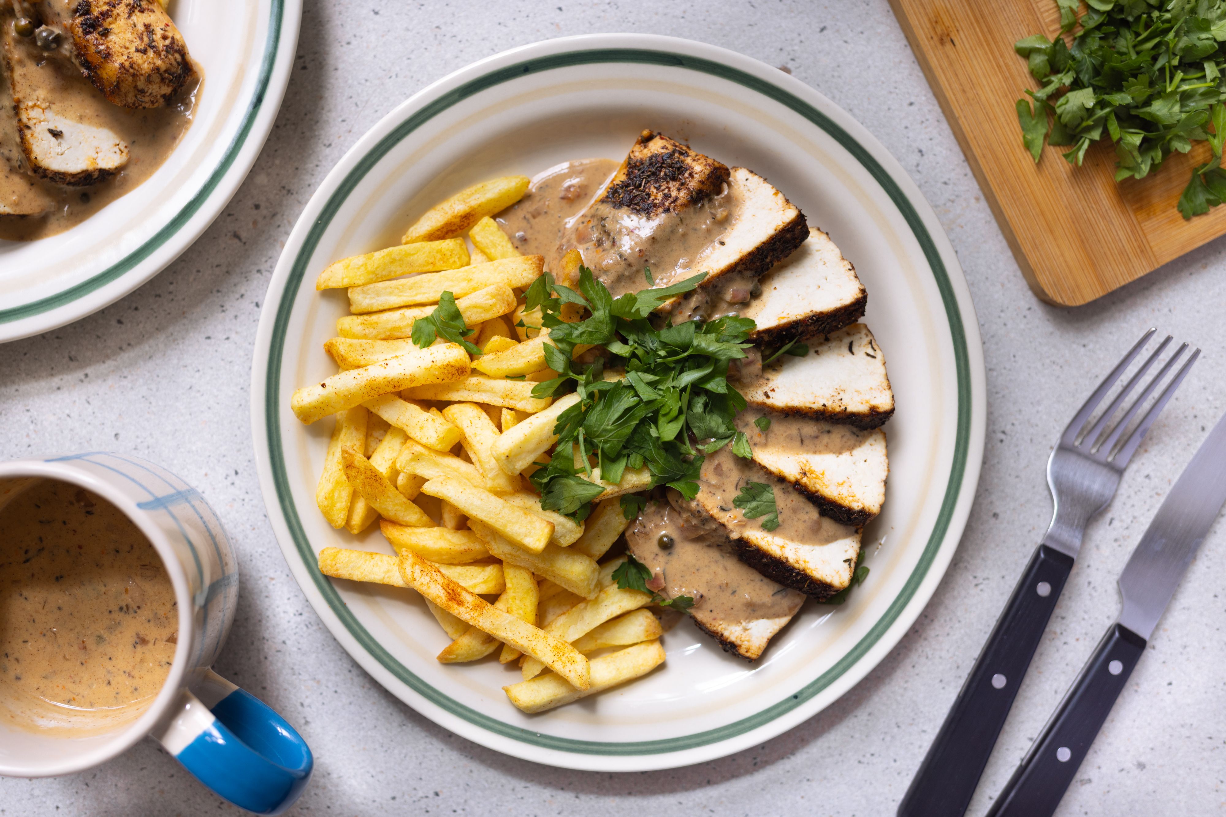 R1066 - Steak frites aus Tofu in Pfeffersoße