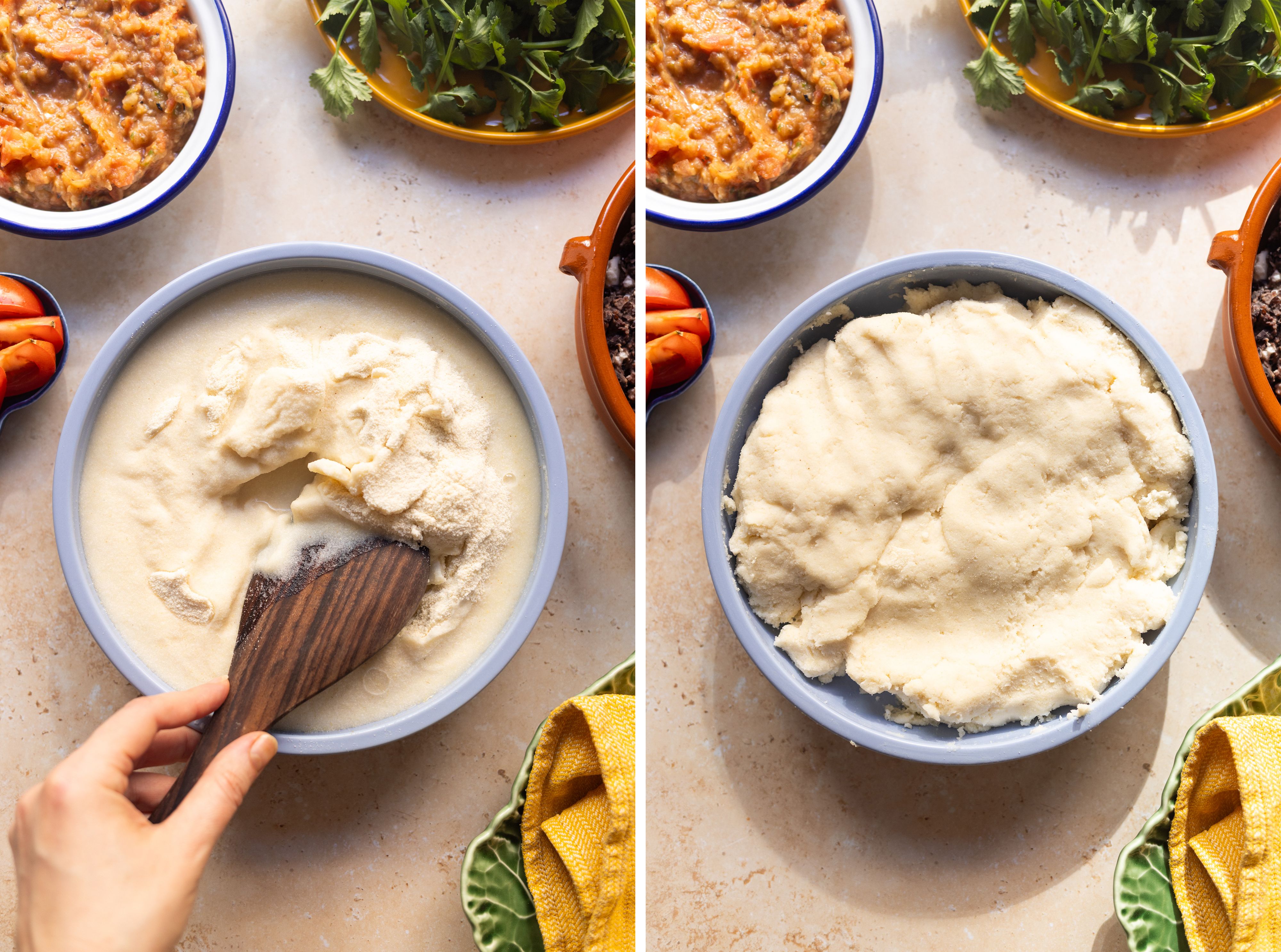 R959 Vegane Pupusas (Gefüllte Maistortillas) mit Bohnen-Käse-Füllung, Salsa Roja und Curtido