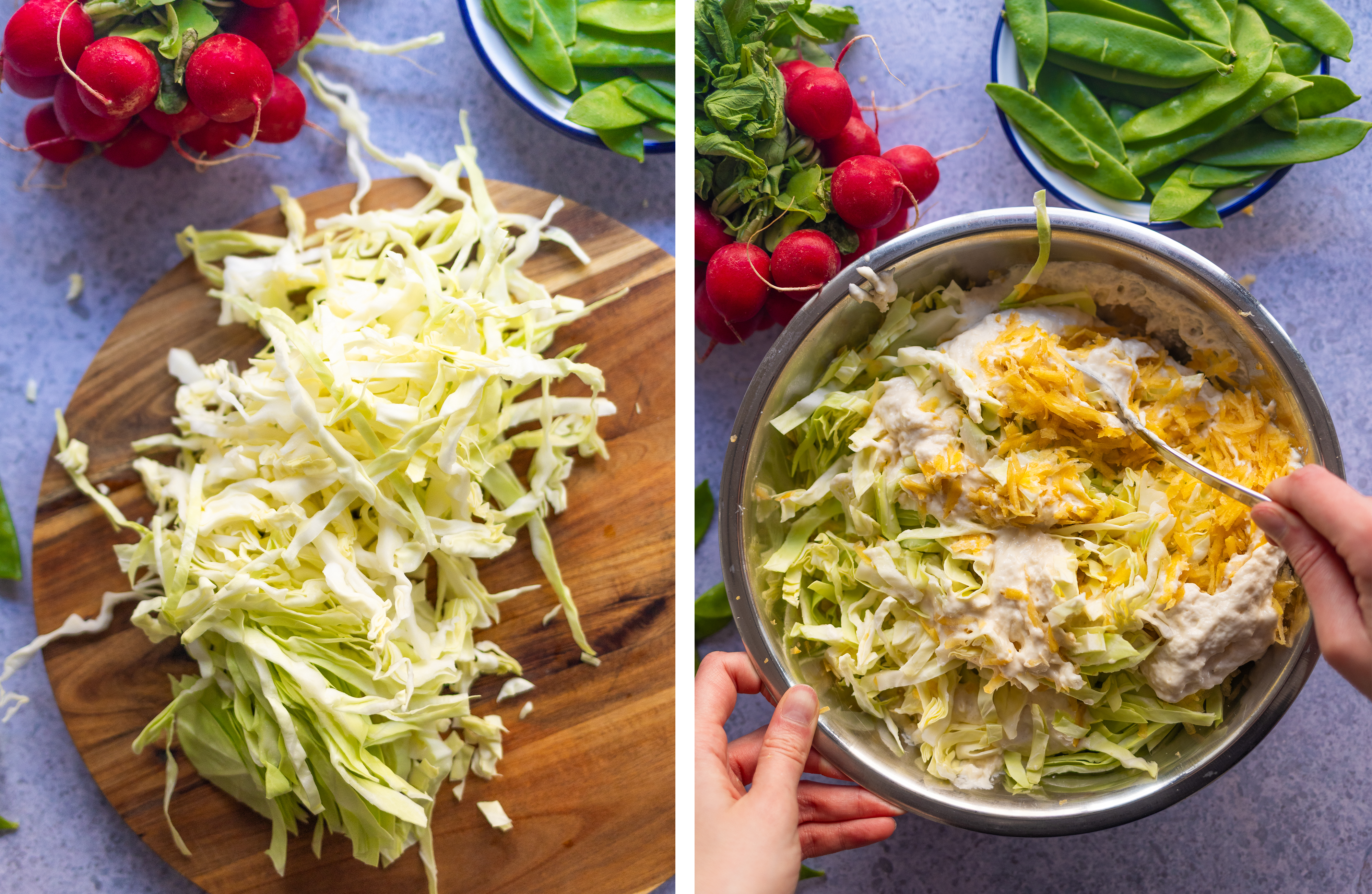 R972 Pointed Cabbage Rösti with Sour Cream and Radish-Cucumber-Sugar Snap Pea Salad
