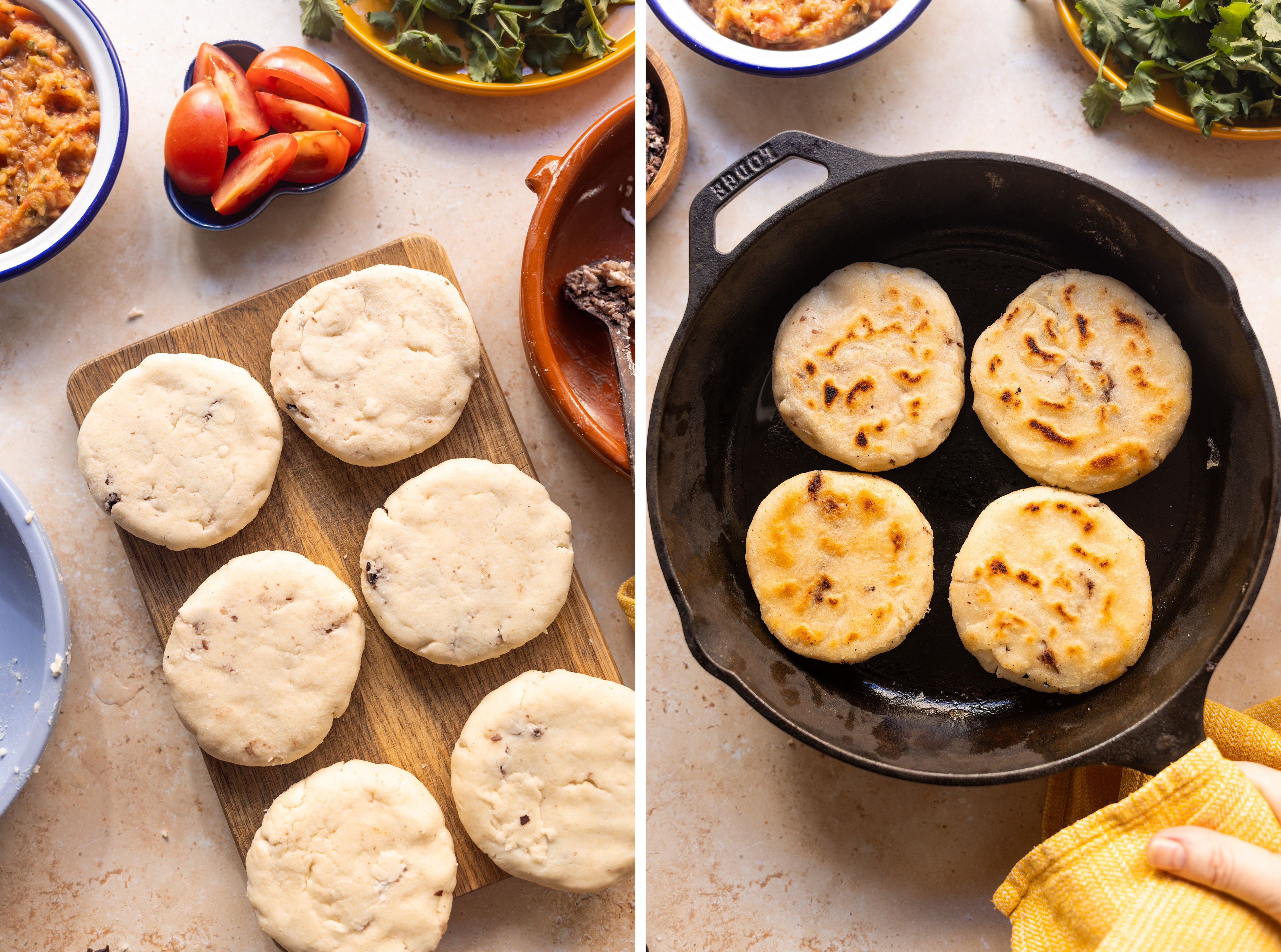 R959 Vegane Pupusas (Gefüllte Maistortillas) mit Bohnen-Käse-Füllung, Salsa Roja und Curtido