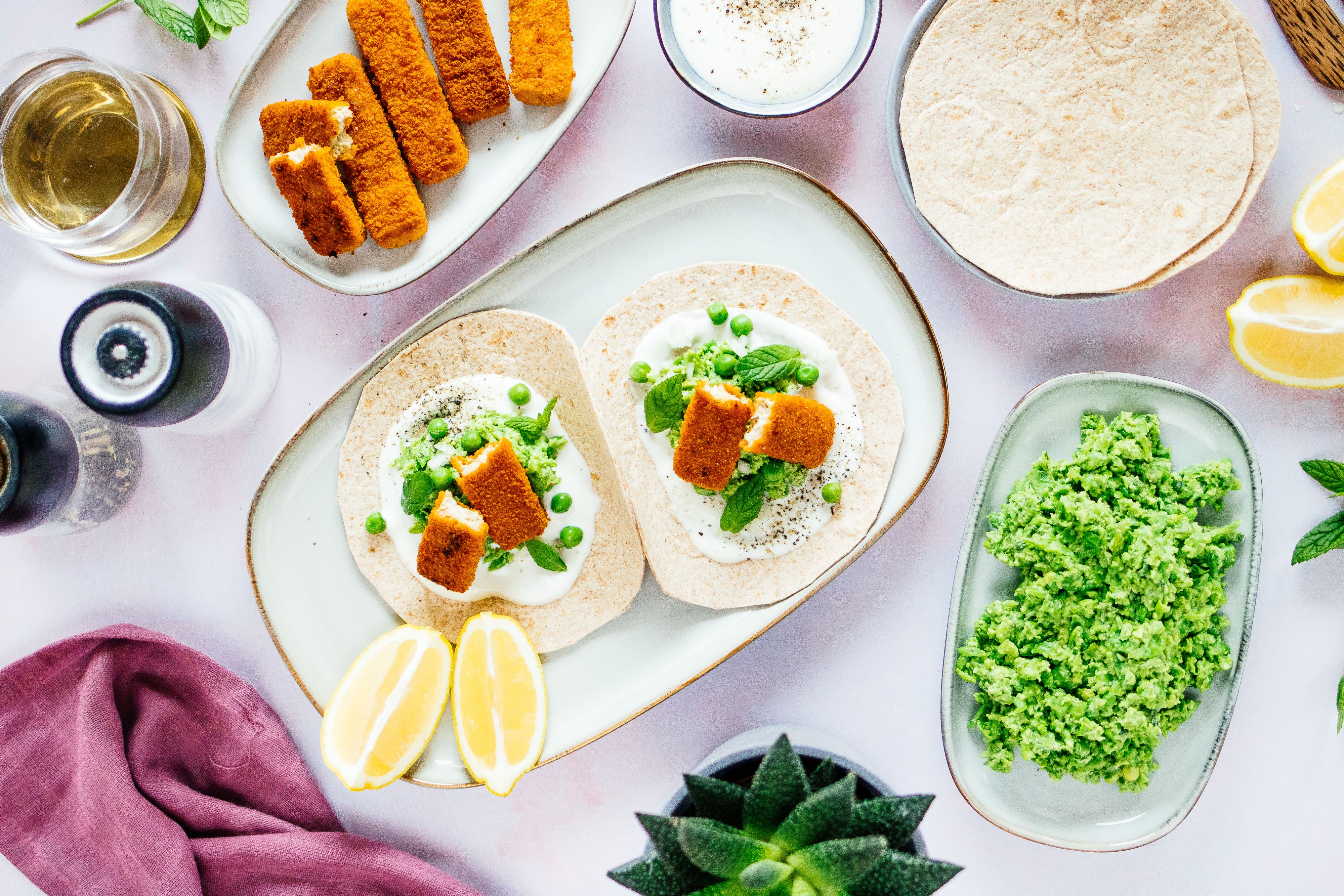R613 Vegan Fish Stick Tacos with Minty Pea Mash