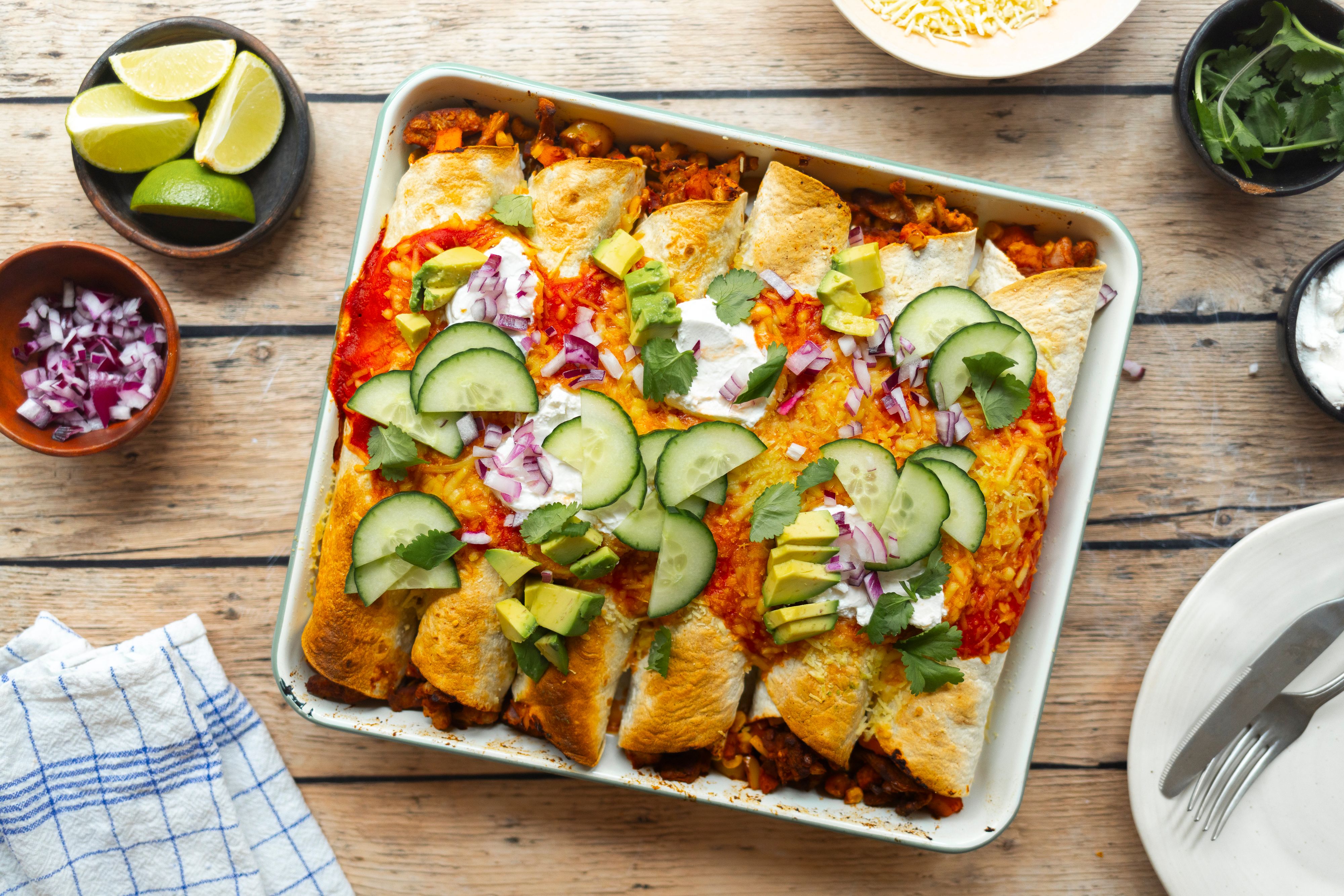 Vegan Enchiladas with Sweet Potato and Plant-Based Chicken Filling
