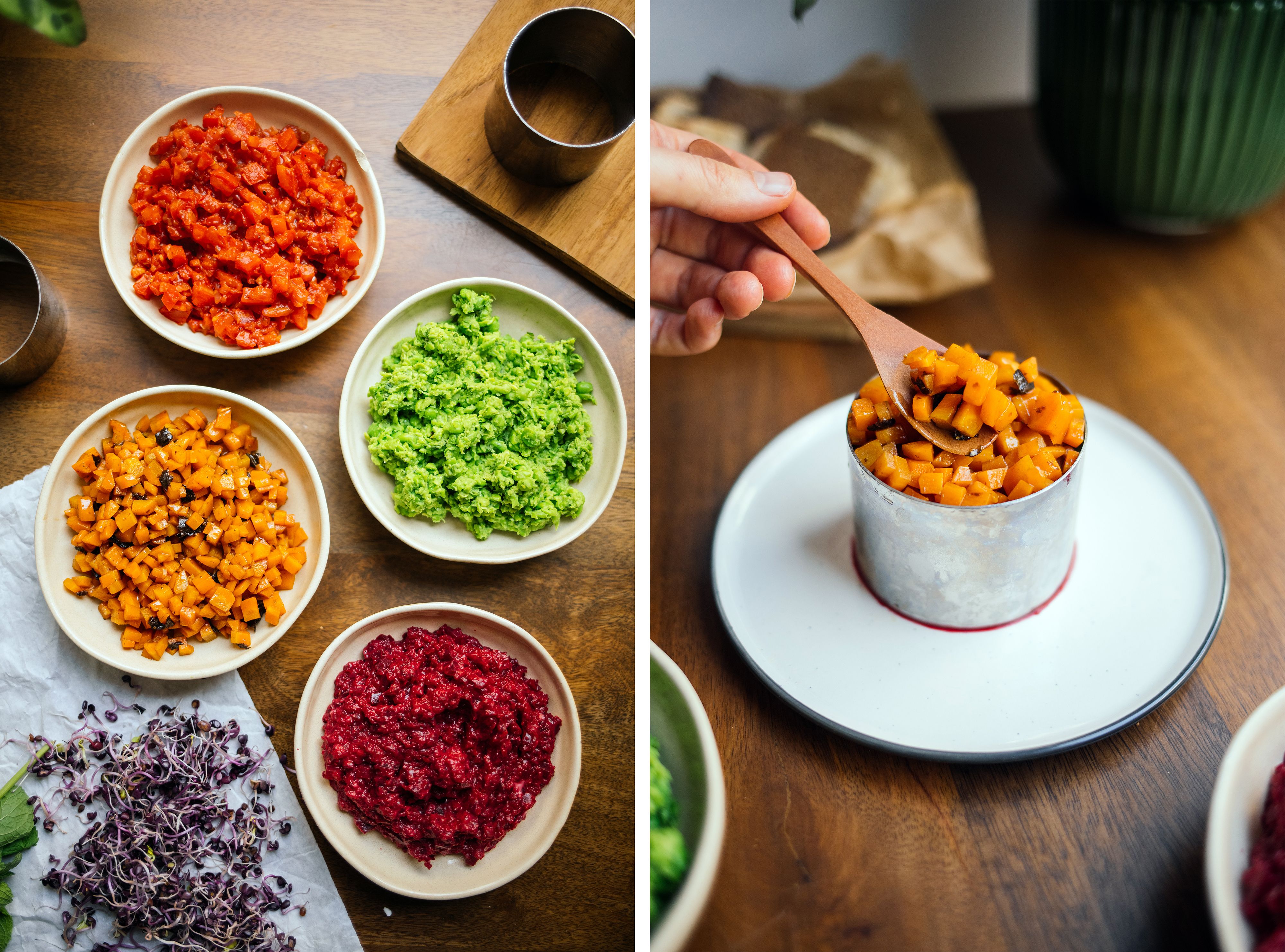 R700 Veganes Tatar mit Rote Bete, Tomaten, Erbsen und Möhrenlachs