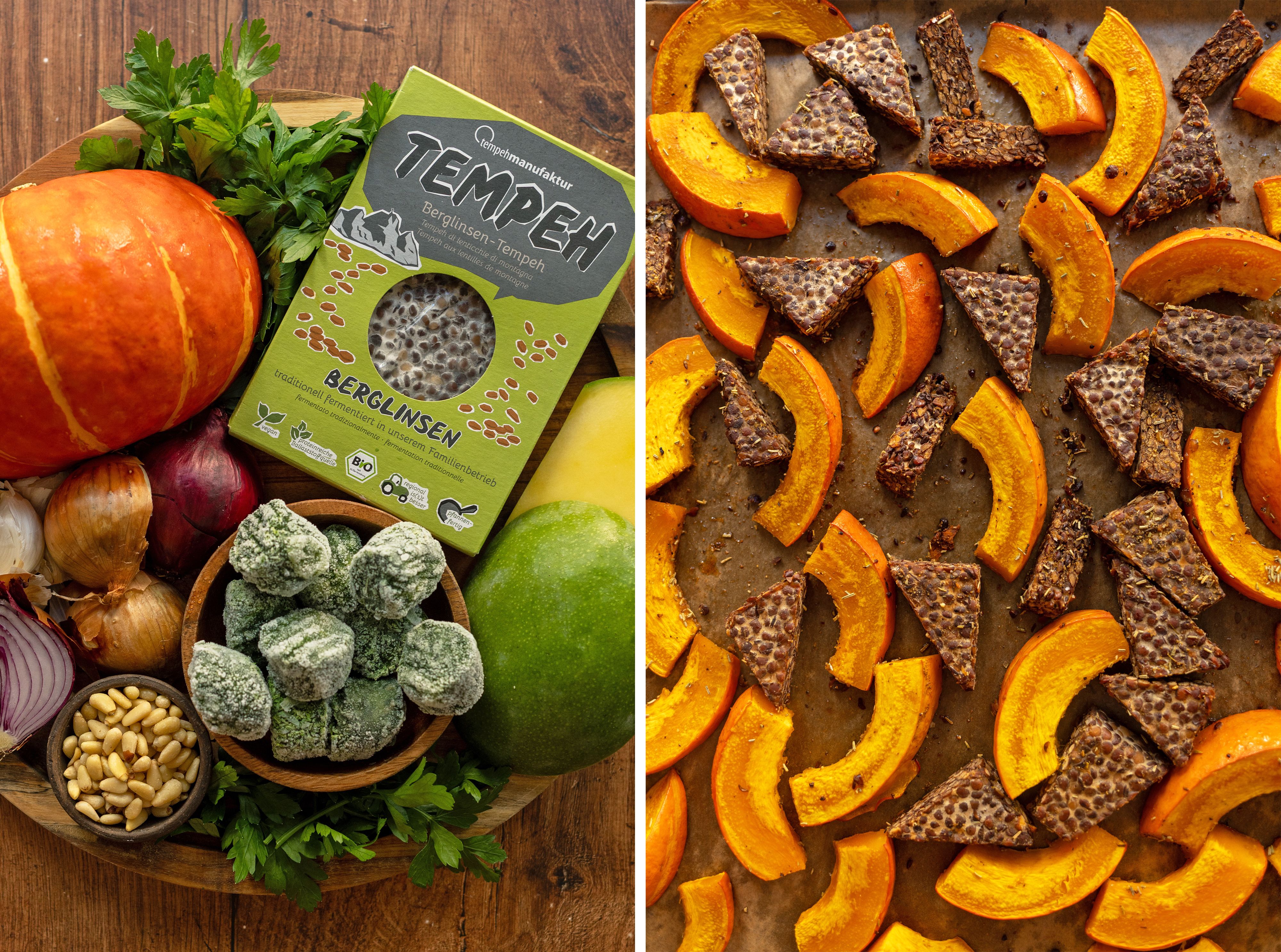 R992 Kürbis und Tempeh aus dem Ofen mit würzigem Rahmspinat und Mango-Salsa