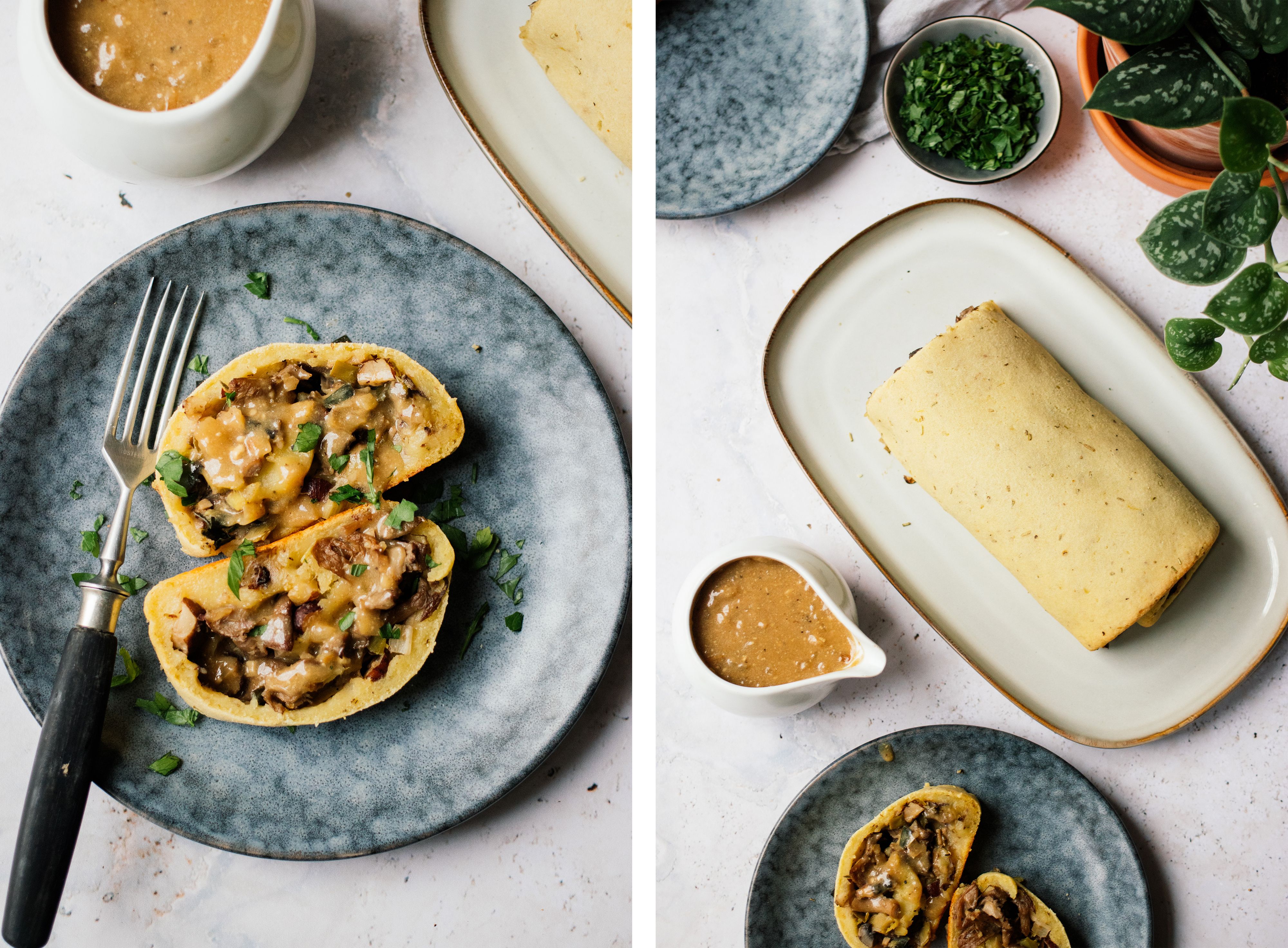 R551 Vegane Kartoffelrolle mit Pilz-Nuss-Füllung und Rahmsauce