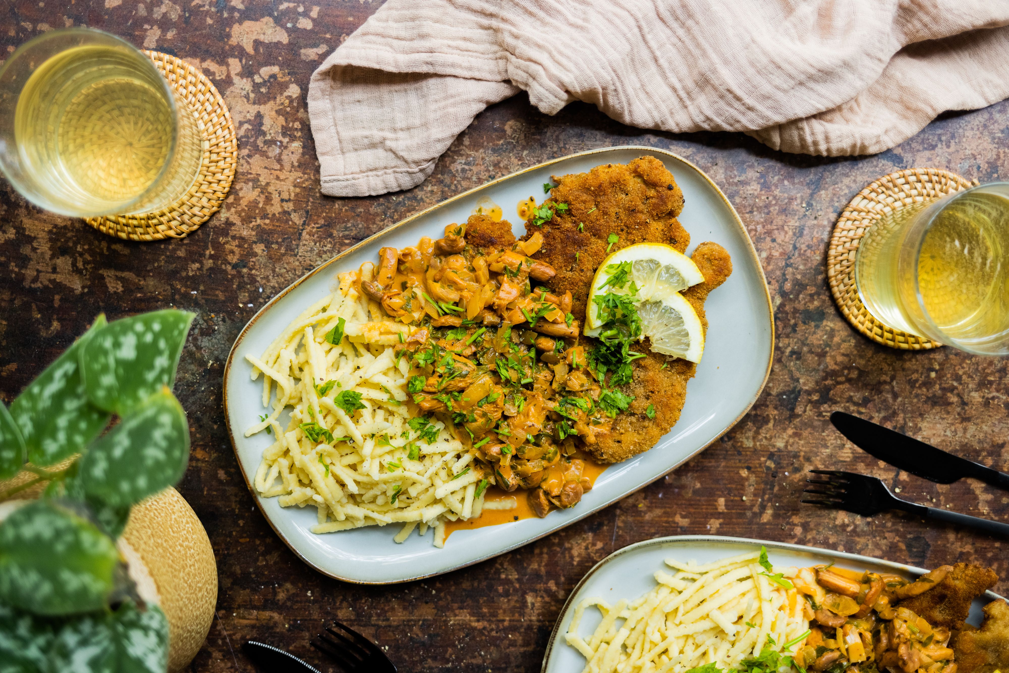 Vegan Schnitzel with Chanterelles & Spaetzle