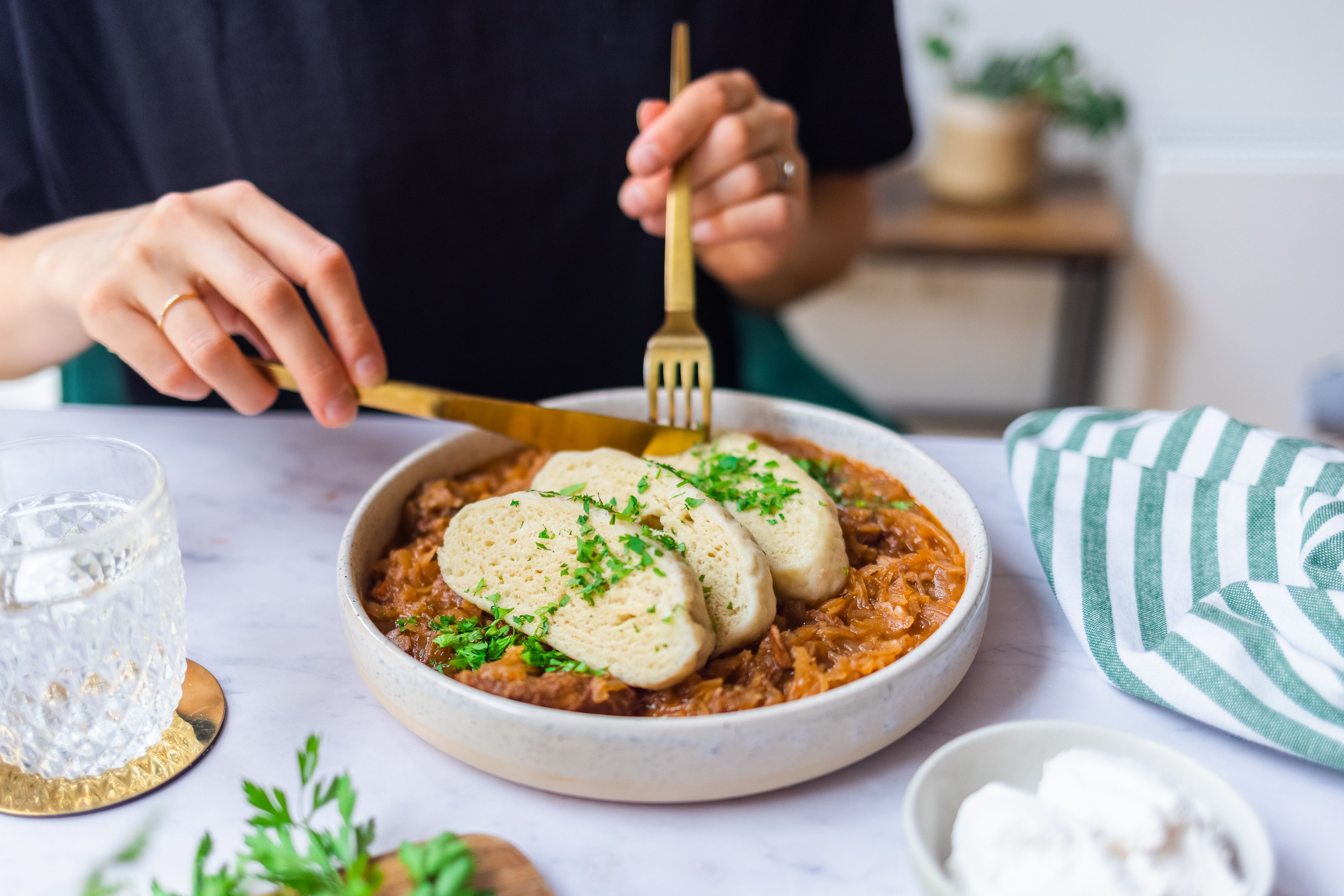 Vegan Yeast Dumplings with Szegedin Goulash (Hungarian Stew)