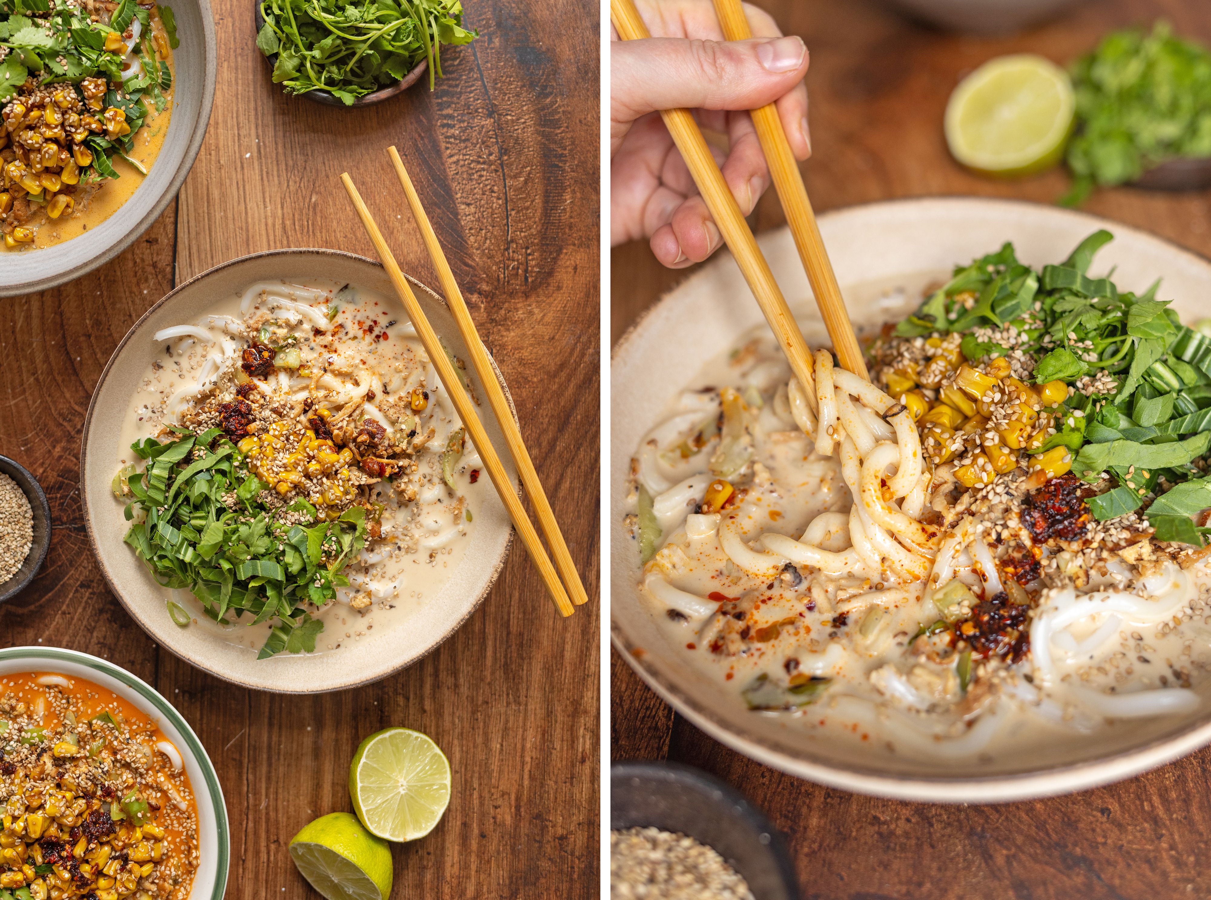 R1022 Curry mit Udonnudeln, Tofu und gebratenem Mais