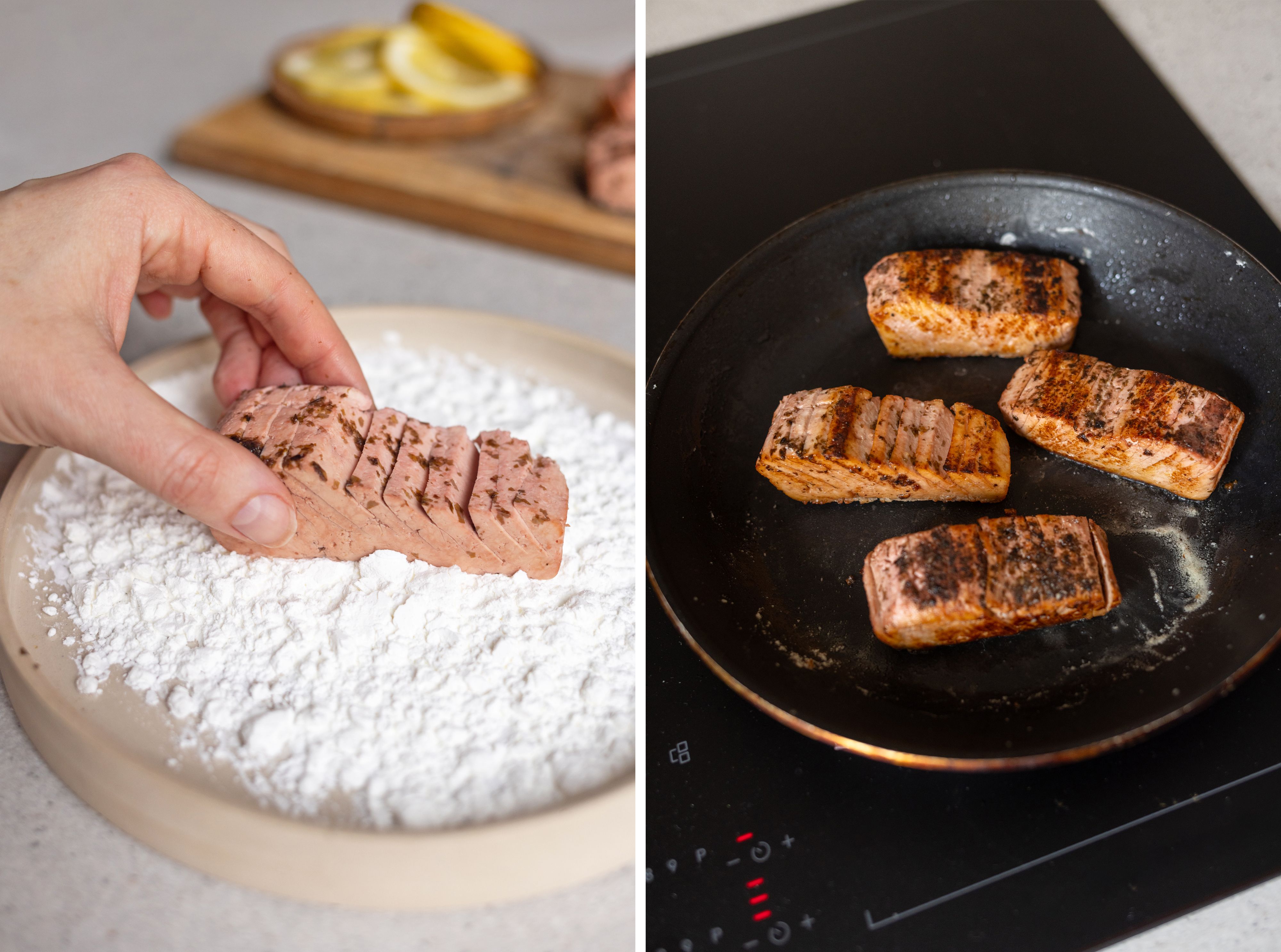 R1056 Veganer Tofu-Lachs mit gebratenem Spargel, Kartoffeln und Dill-Sahne-Soße