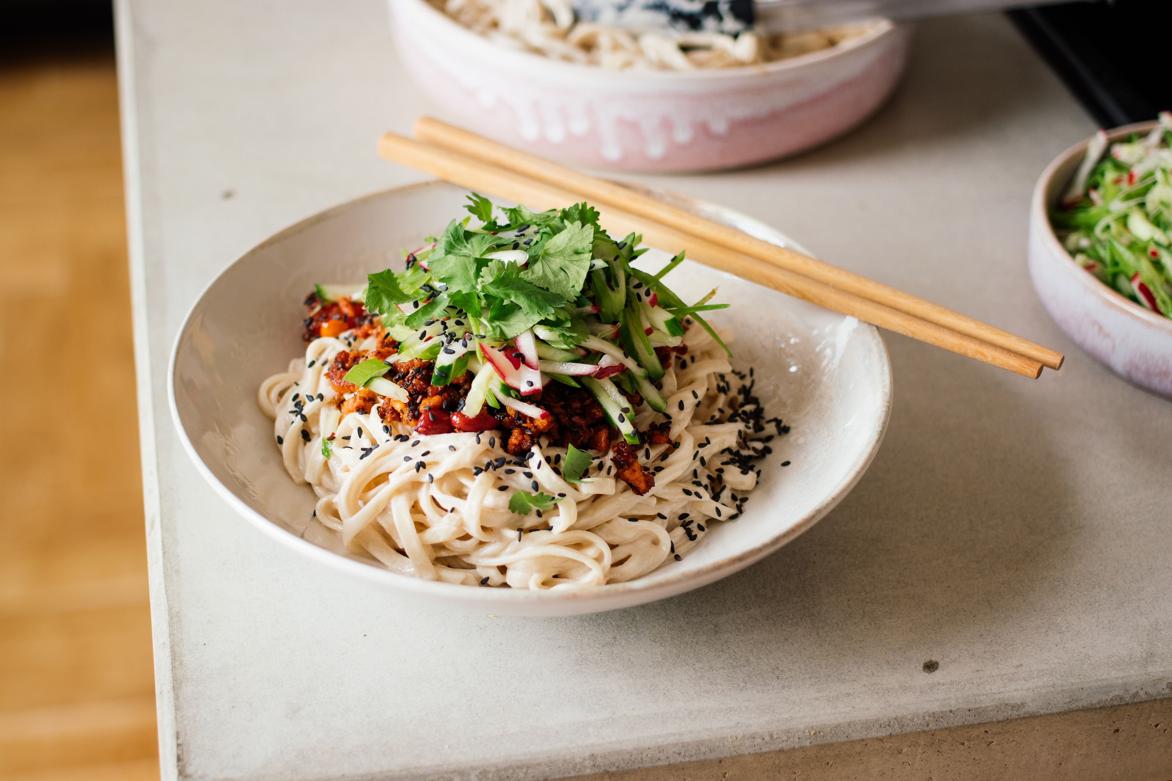 Vegan Sesame Udon Noodles with Spicy Soy Mince
