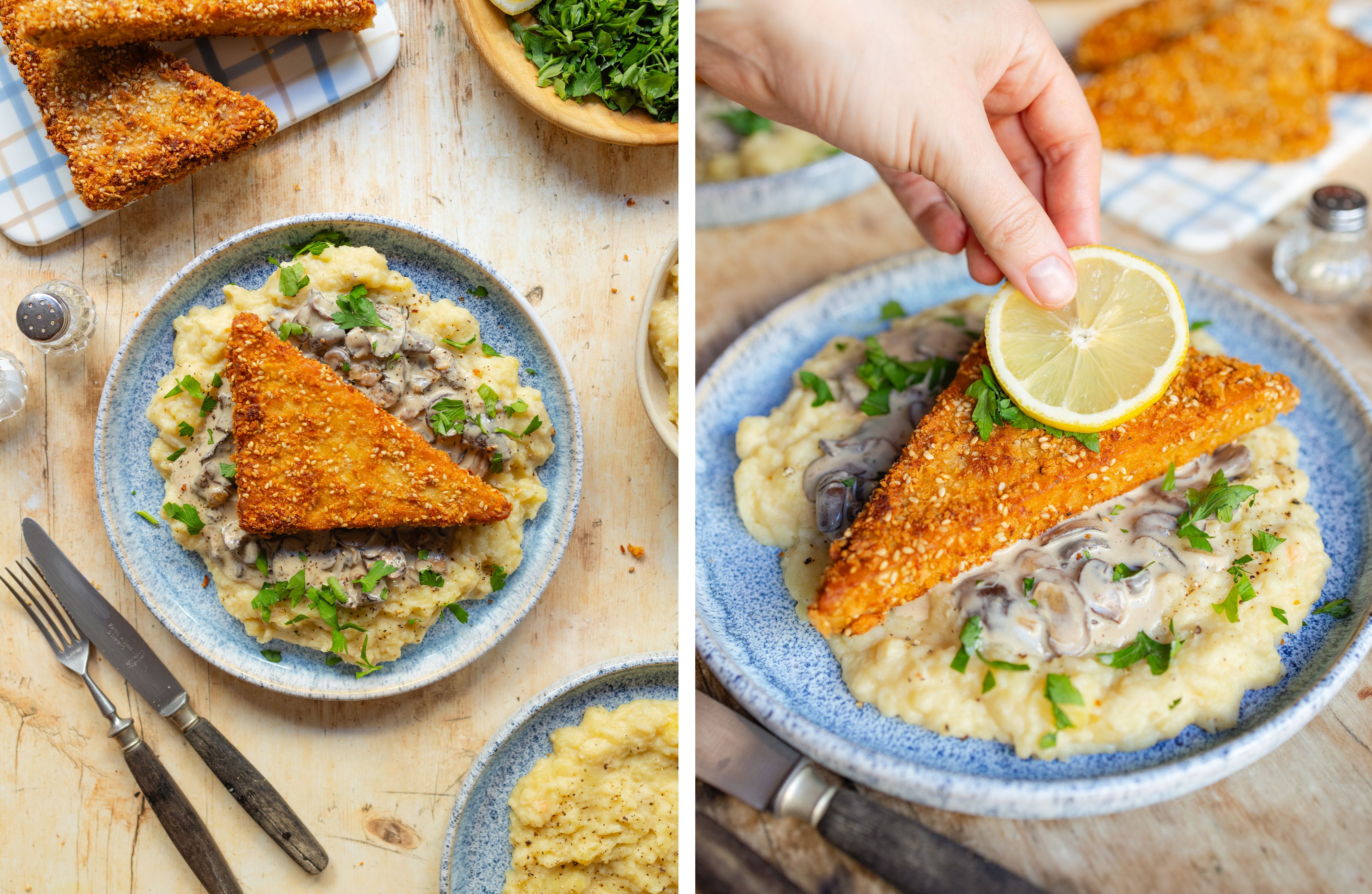 R993 Knusprige Tempehschnitzel mit Kartoffel-Pastinaken-Püree und Pilzsoße