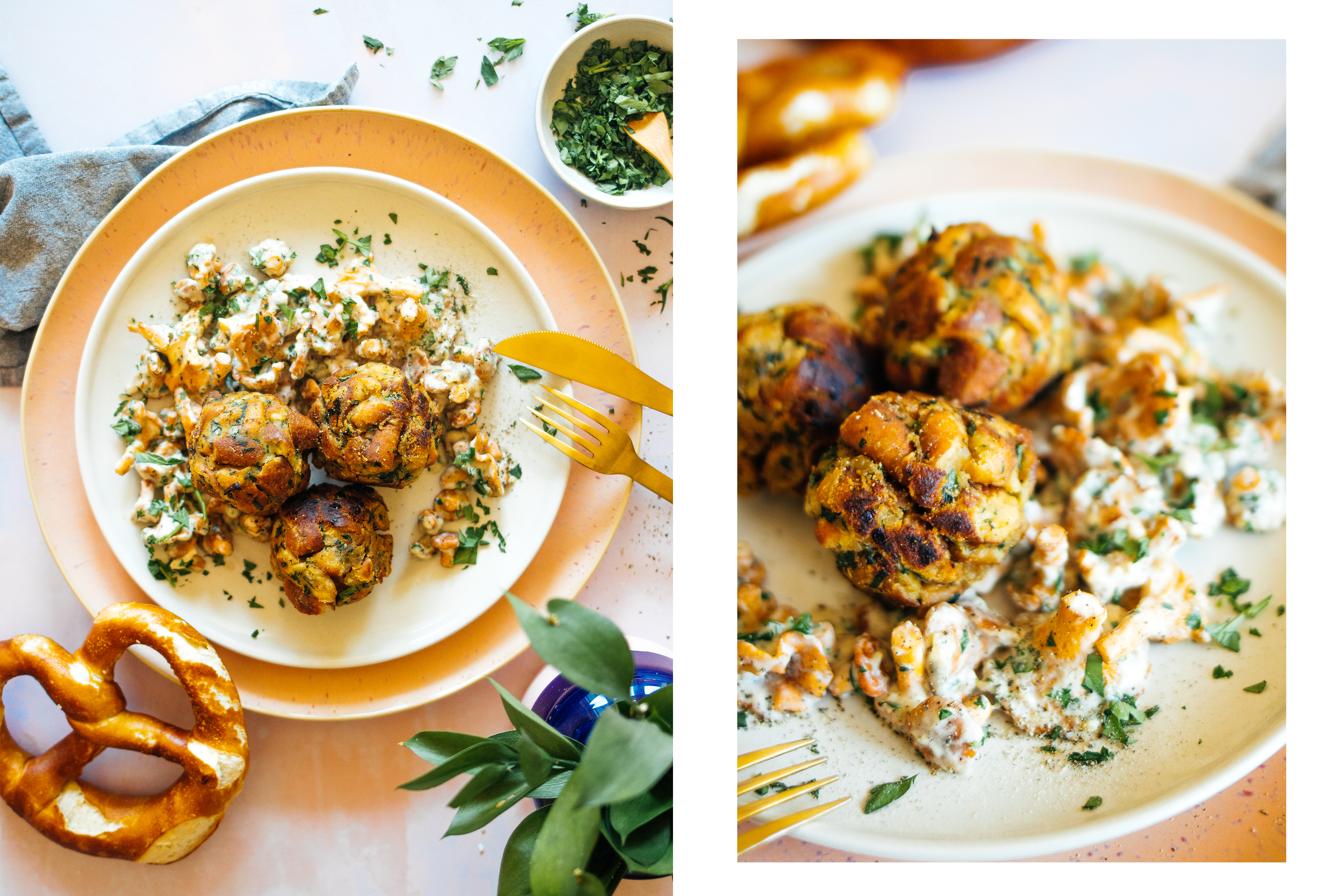 R573 Vegan Pretzel Dumplings with Chanterelle Ragout