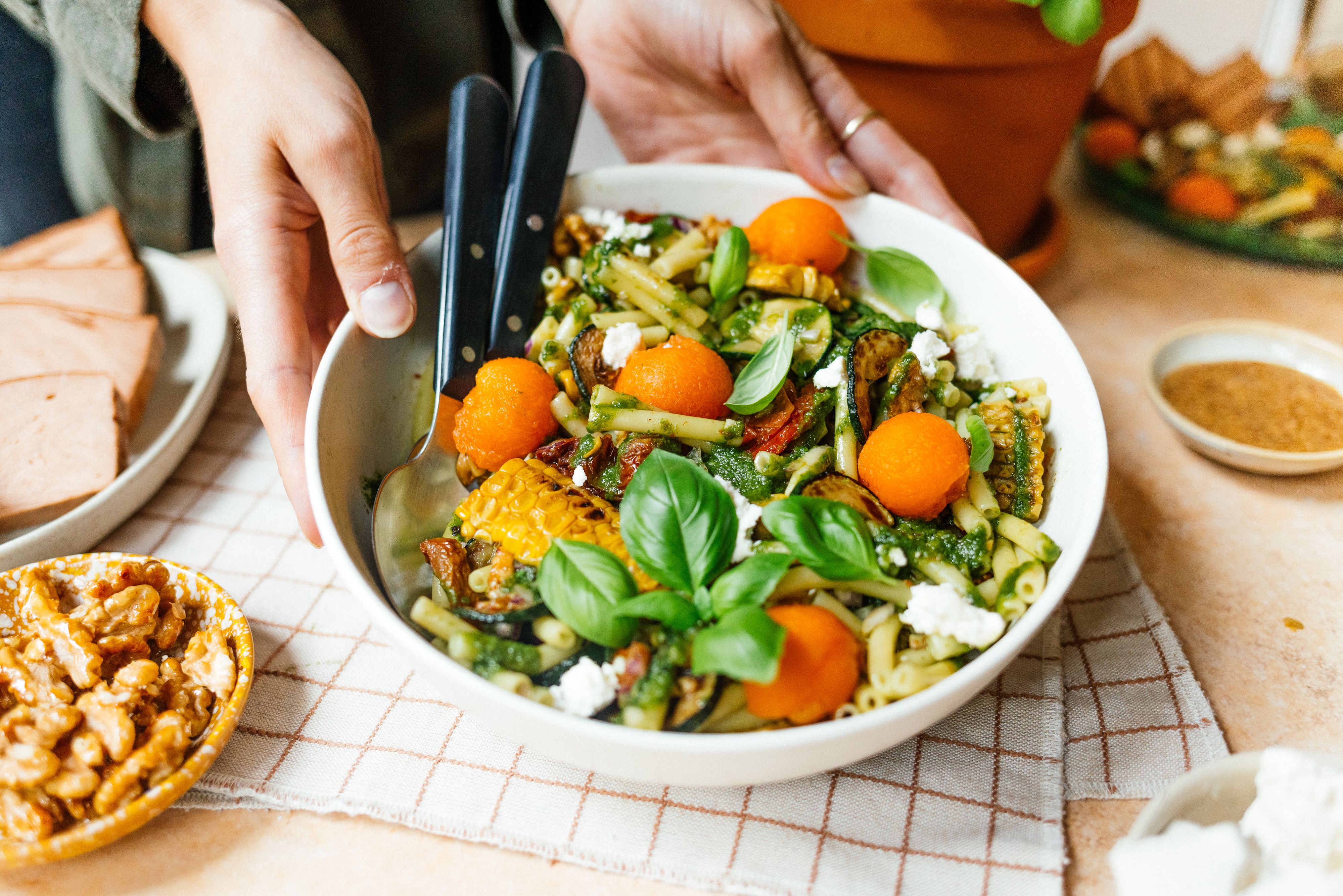 Quick Pasta Salad with Melon, Basil & Grilled Corn