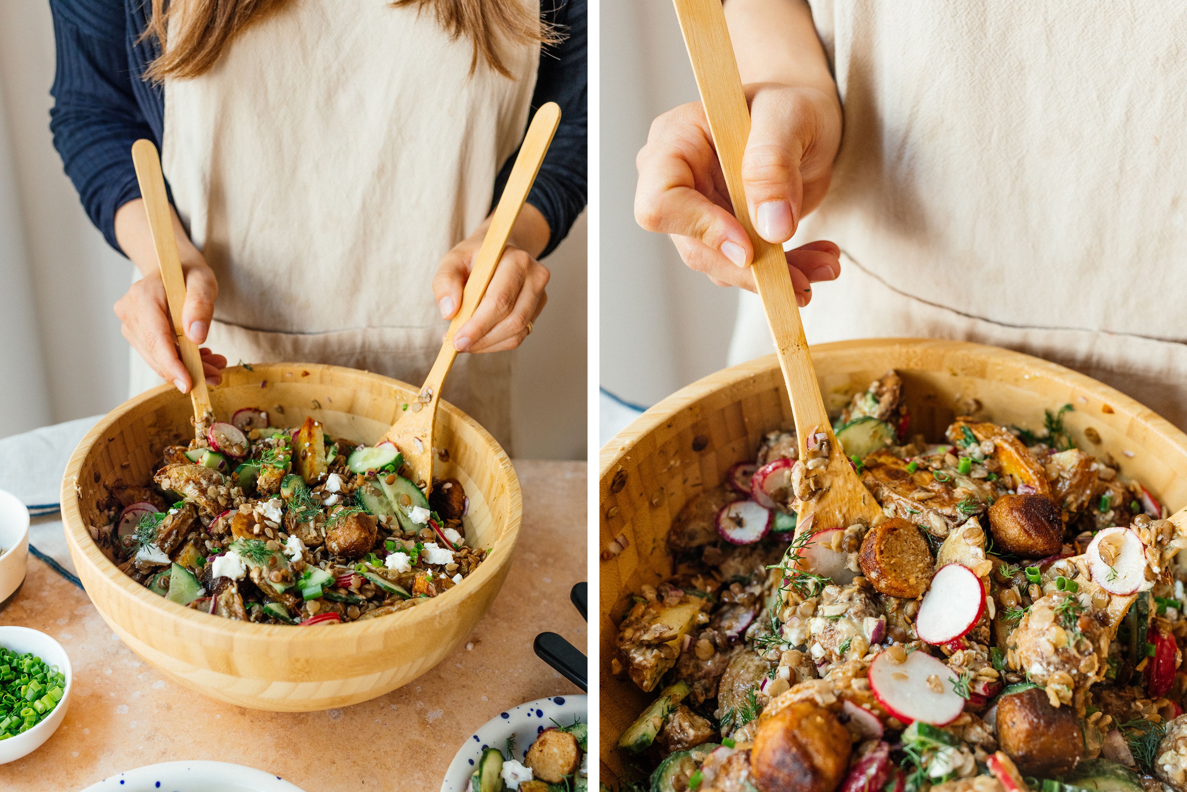 R897 Veganer Kartoffelsalat mit Fleischbällchen & Senf-Dill-Soße