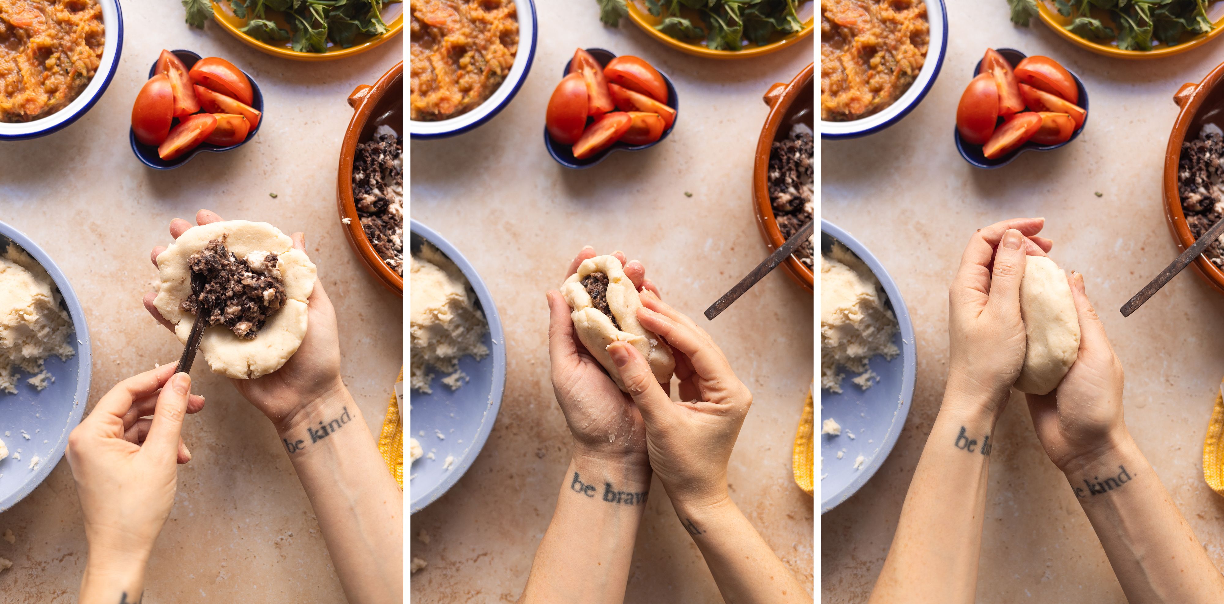 R959 Vegane Pupusas (Gefüllte Maistortillas) mit Bohnen-Käse-Füllung, Salsa Roja und Curtido