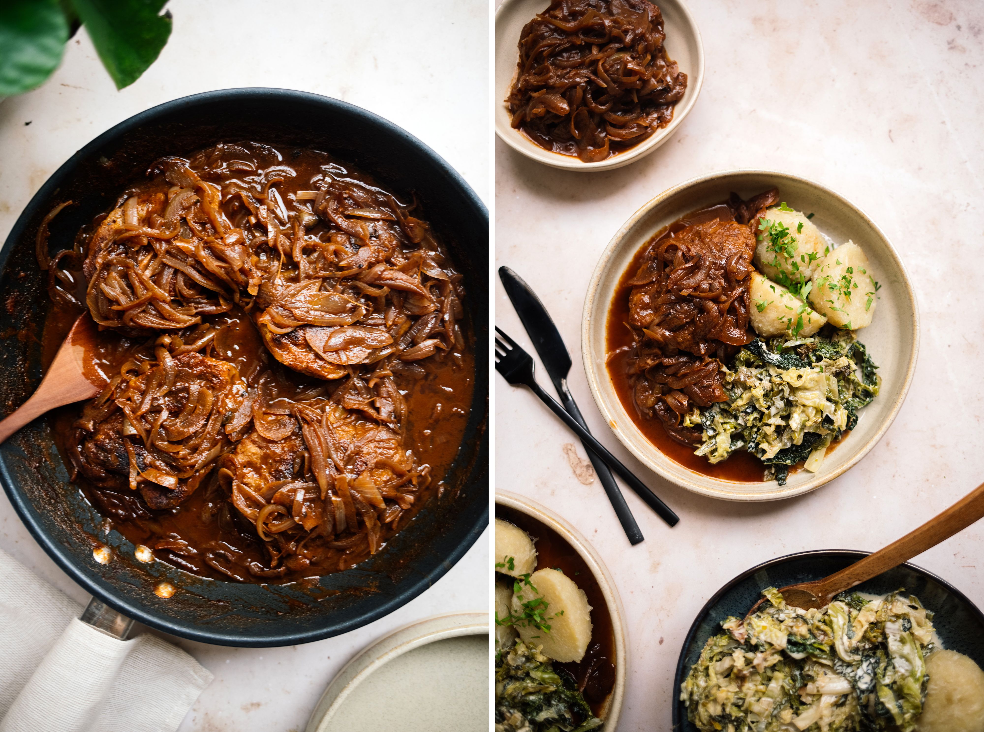 R687 Grüne Klöße mit Zwiebelrostseitan und veganem Rahmwirsing