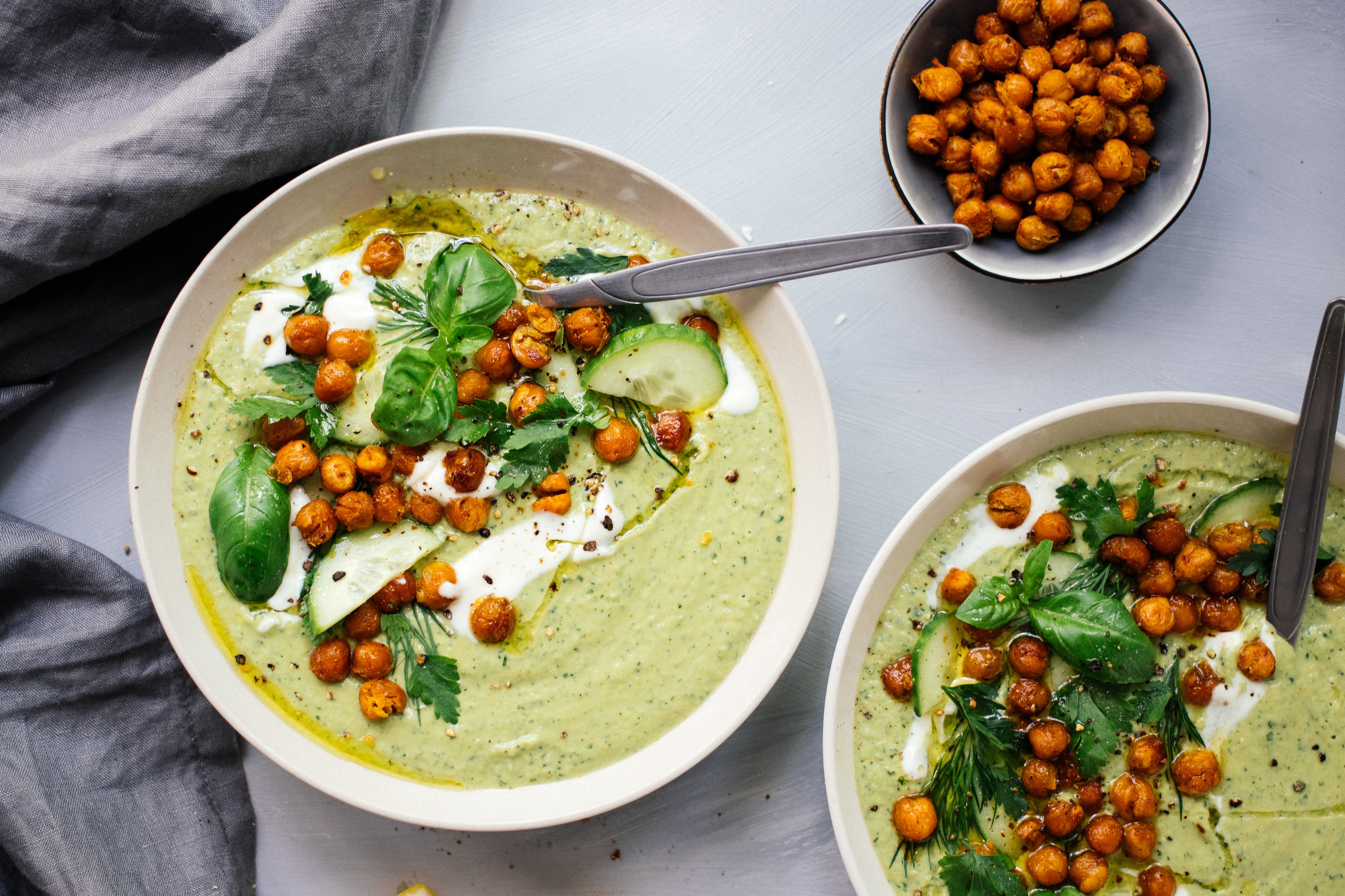 Chilled Cucumber Avocado Soup with Roasted Chickpeas