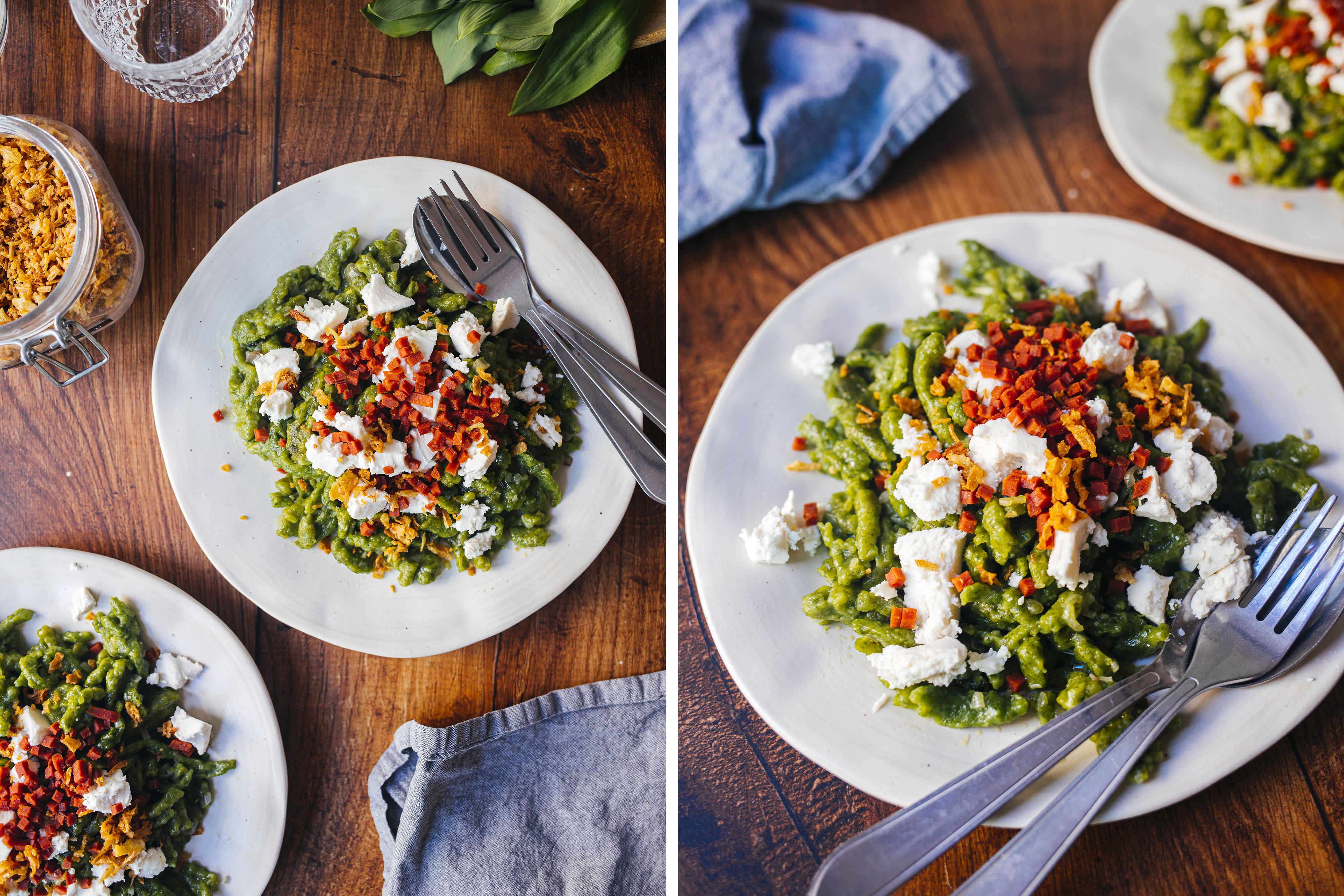 R816 Vegane Bärlauchspätzle mit Feta & Speck