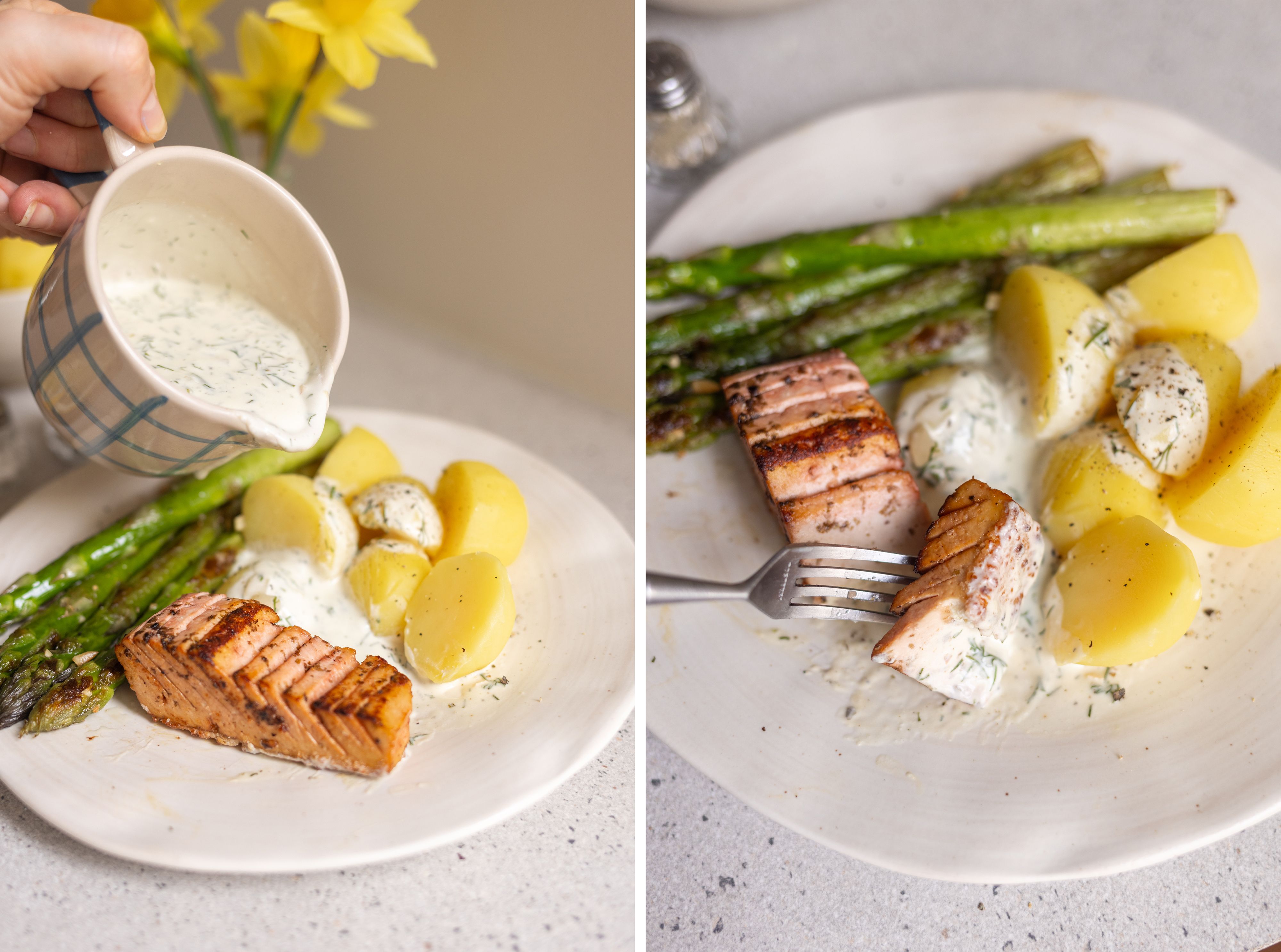 R1056 Veganer Tofu-Lachs mit gebratenem Spargel, Kartoffeln und Dill-Sahne-Soße
