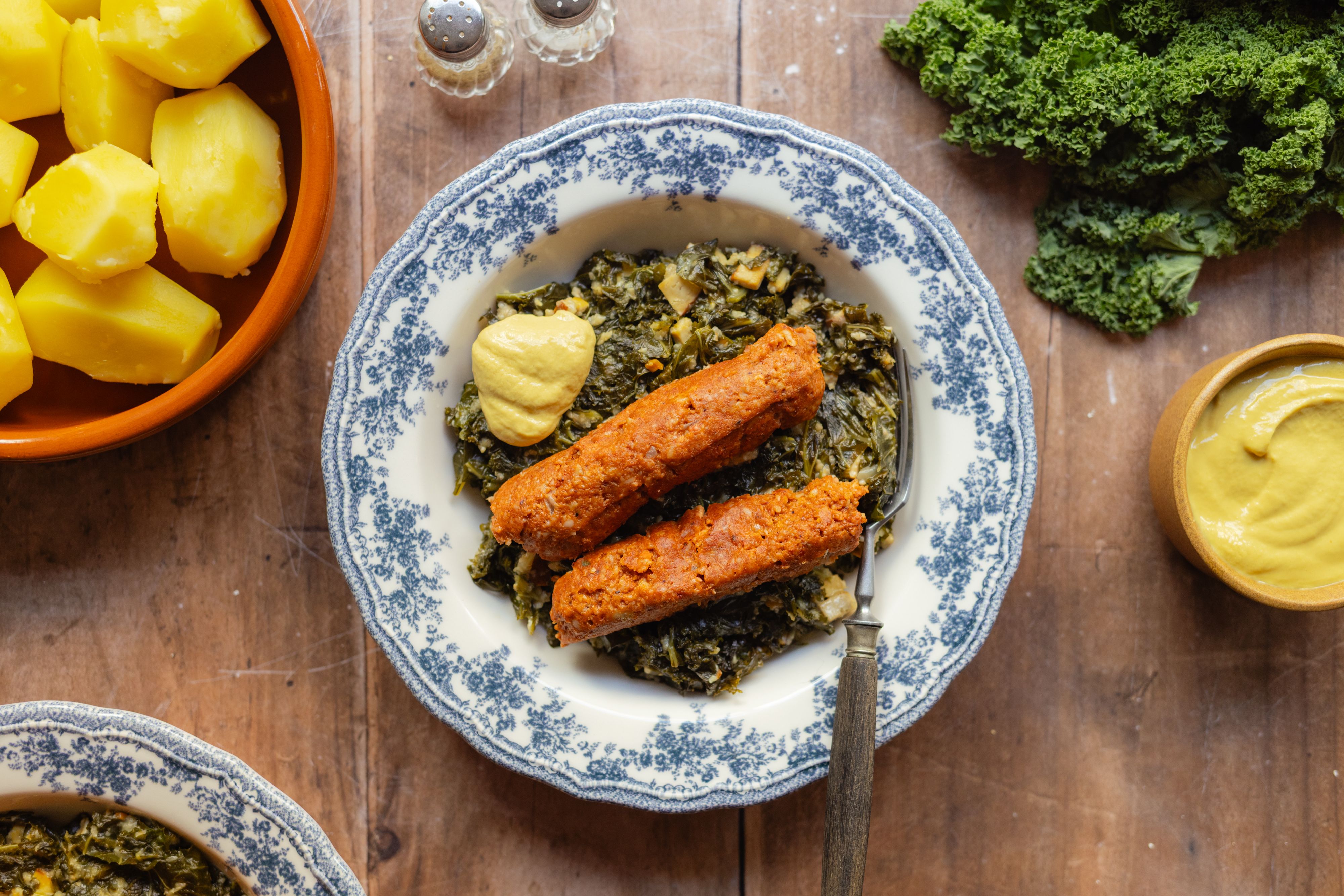 Kale with Vegan Pinkel Sausage and Potatoes