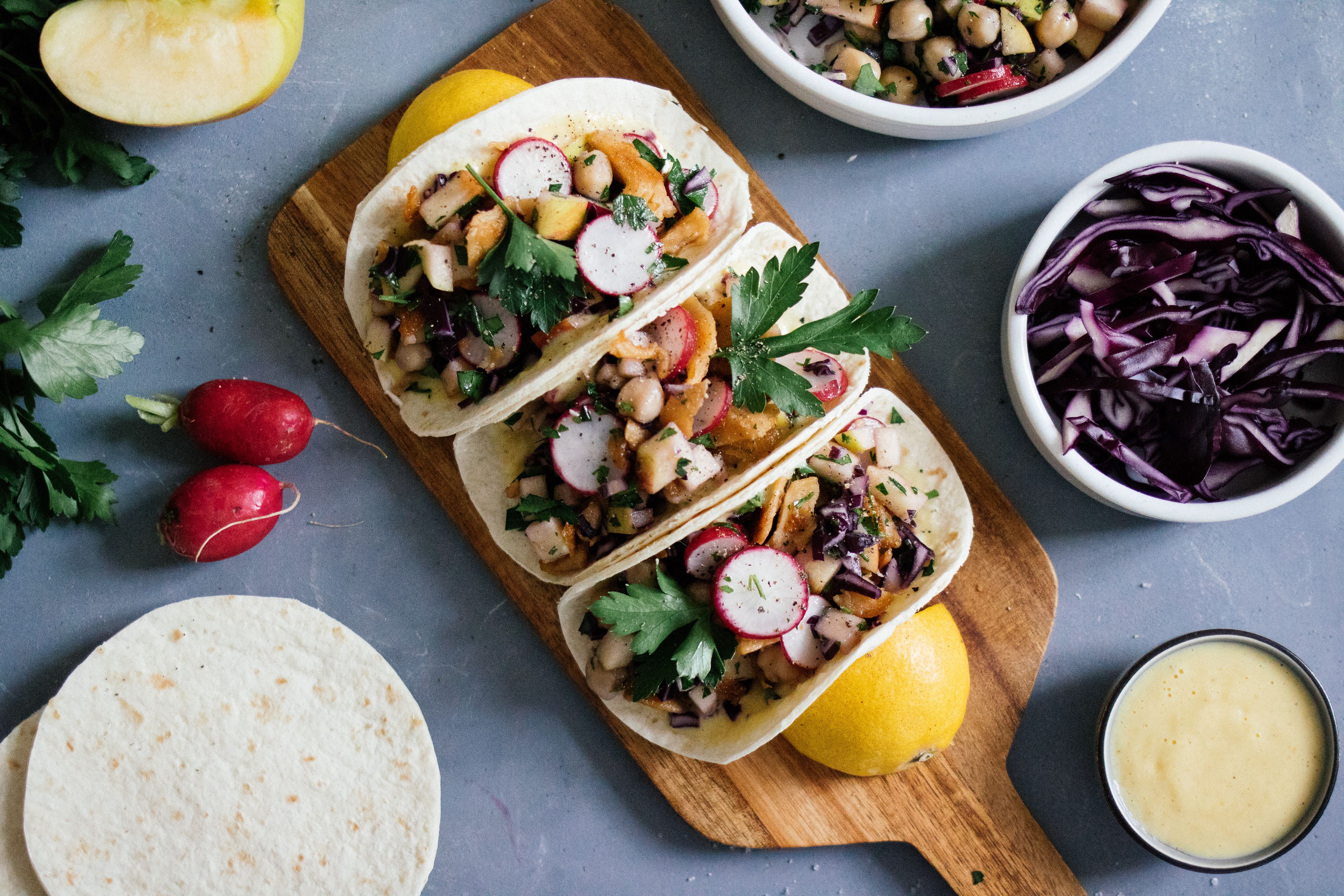 Picnic taco with radish apple salsa