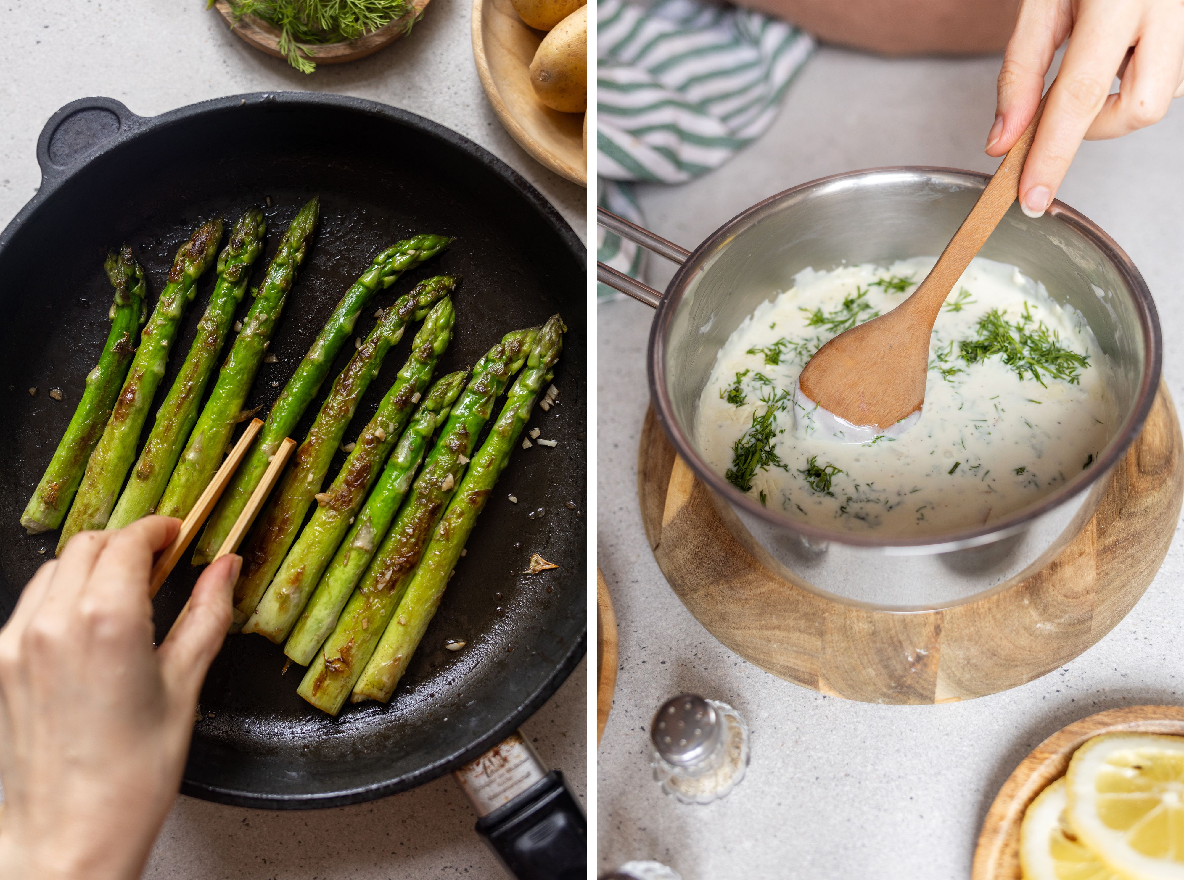 R1056 Veganer Tofu-Lachs mit gebratenem Spargel, Kartoffeln und Dill-Sahne-Soße