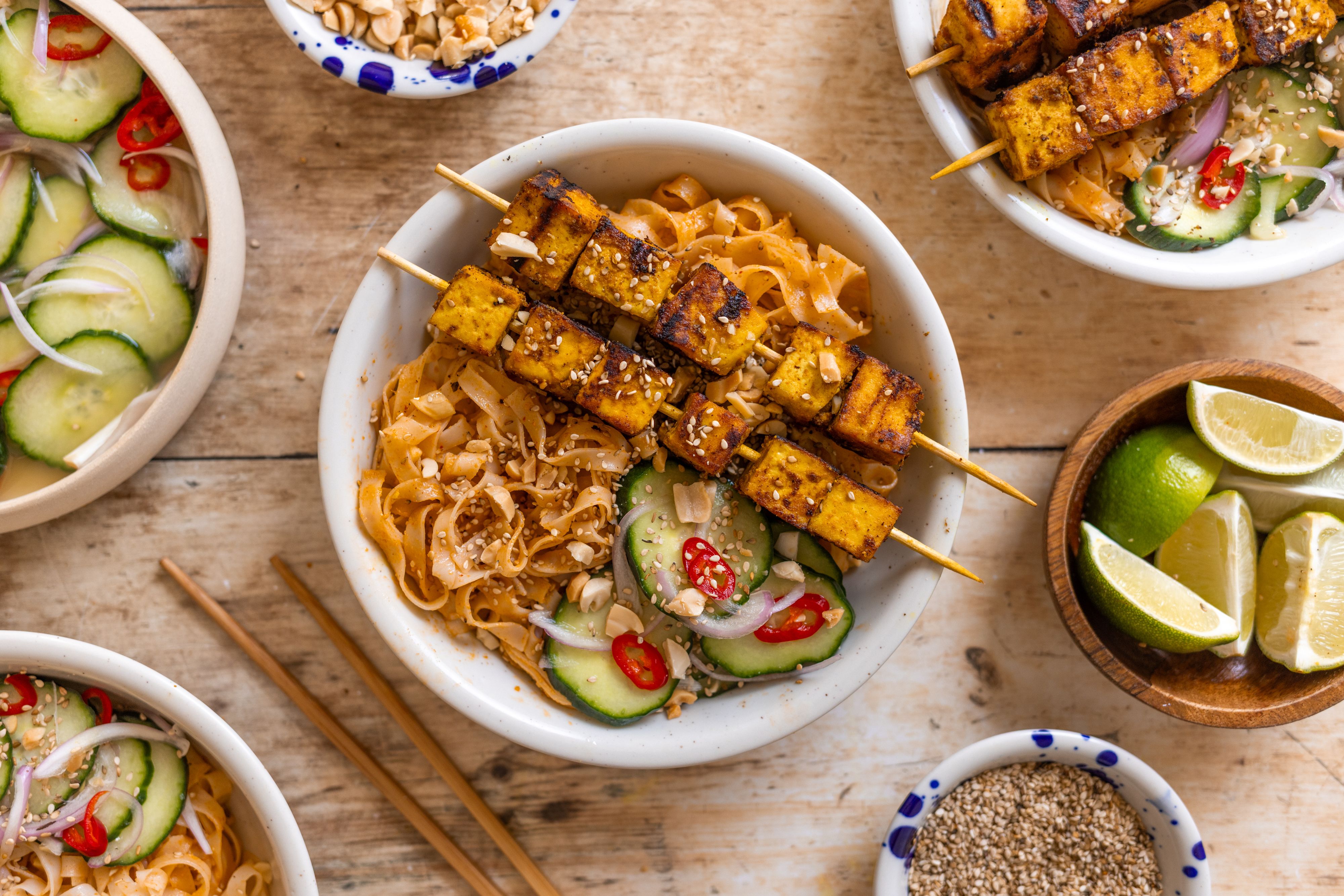 Tofu Satay Skewers with Rice Noodles and Quick Pickles