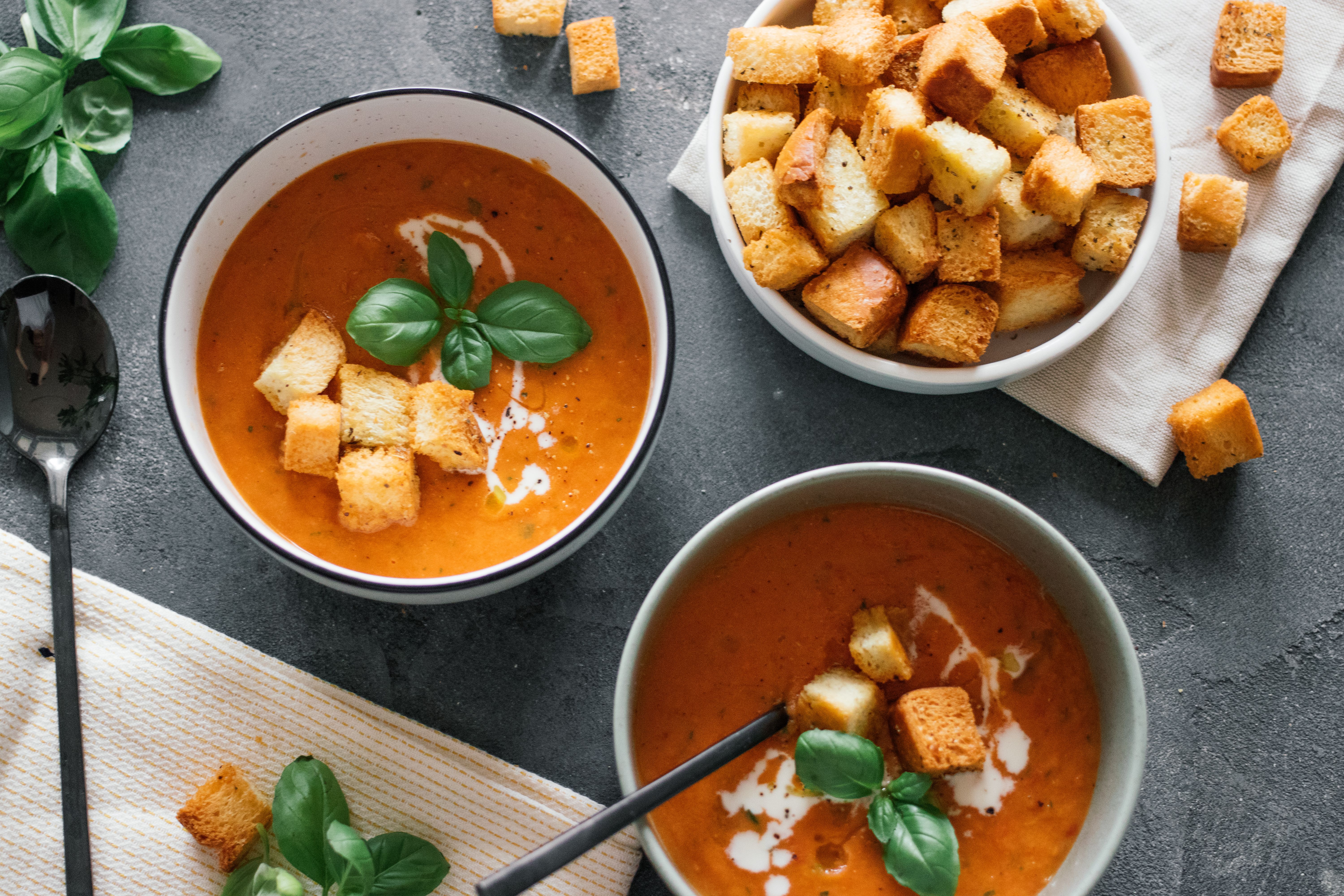 Oven-Roasted Tomato Soup with Crispy Herb Croutons