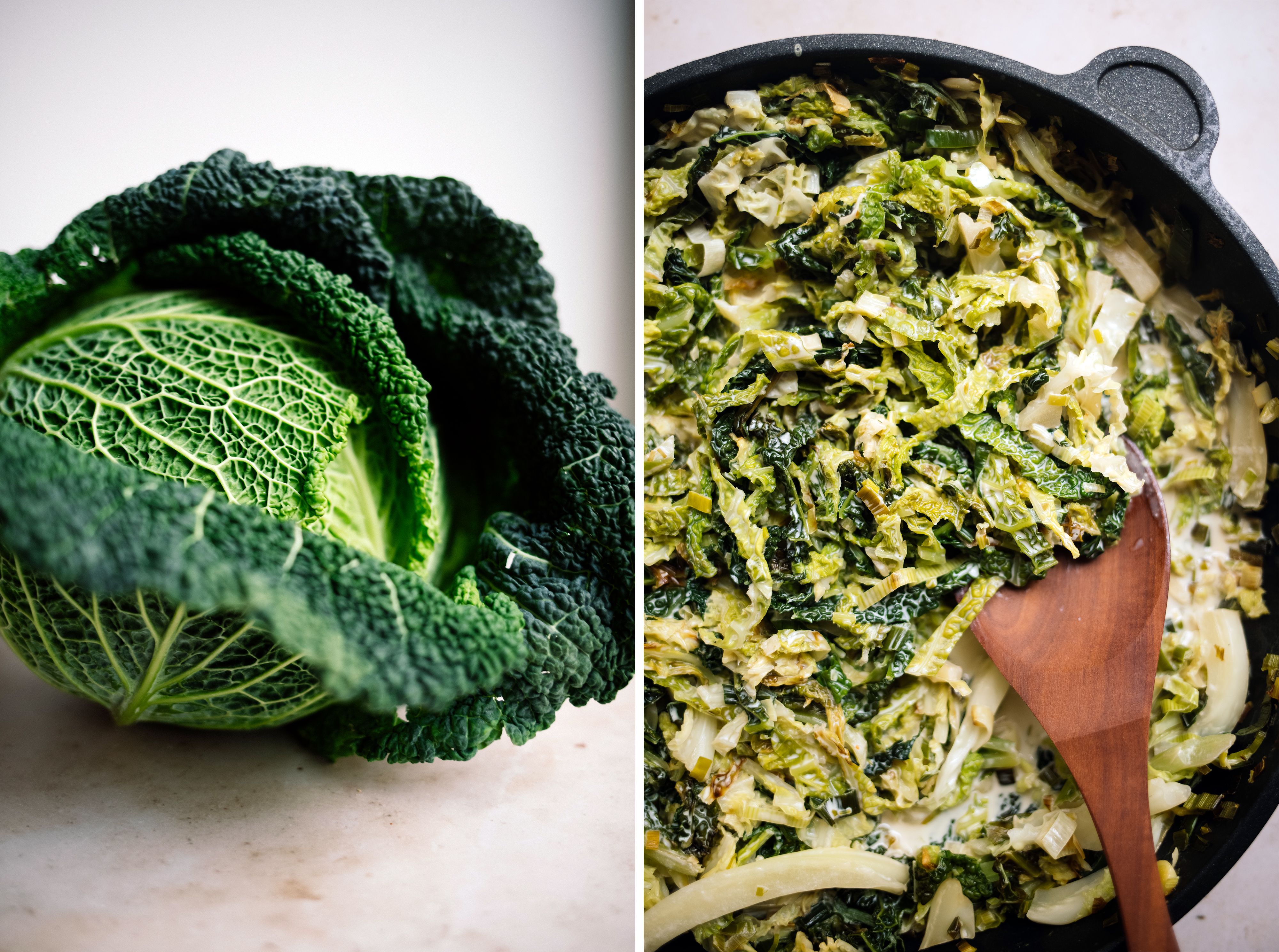 R687 Grüne Klöße mit Zwiebelrostseitan und veganem Rahmwirsing